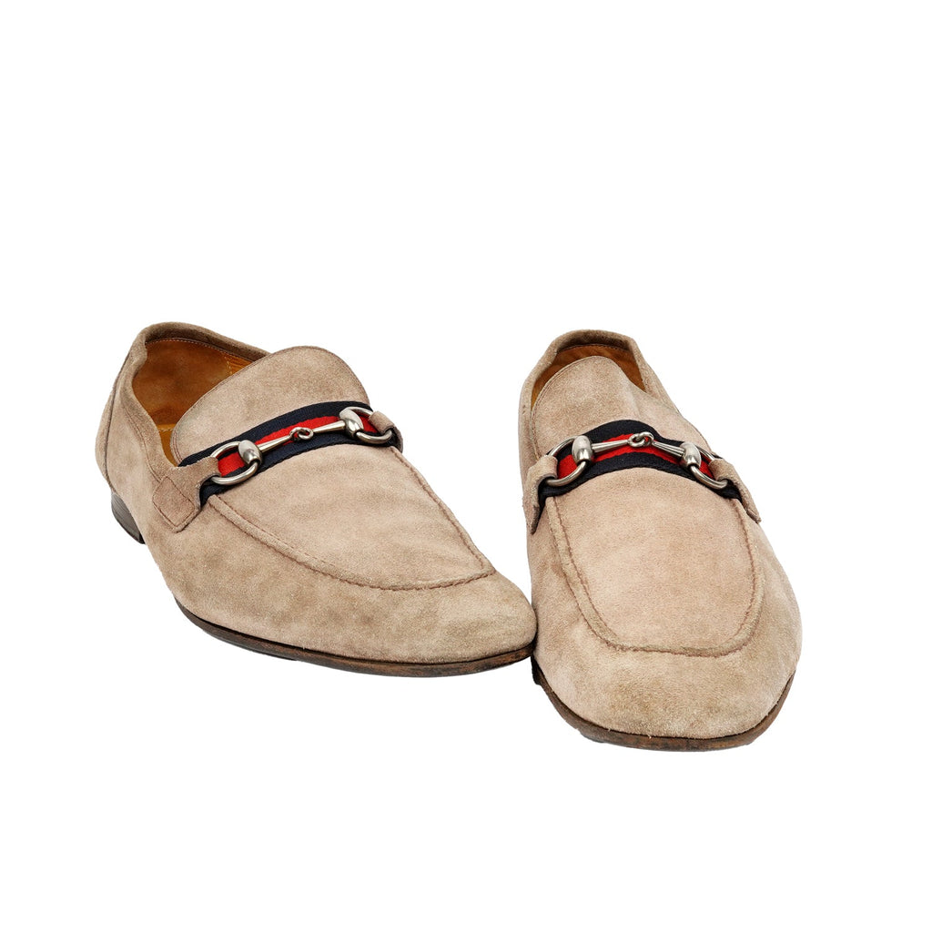 Gucci Beige Suede Web Horsebit Loafers EU 45