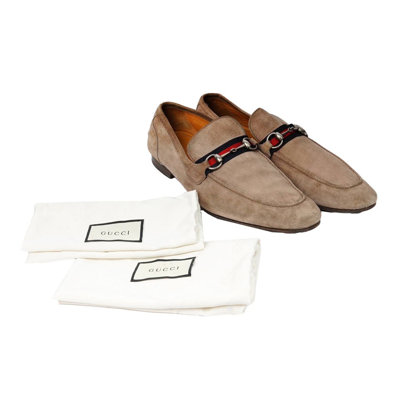 Gucci Beige Suede Web Horsebit Loafers EU 45