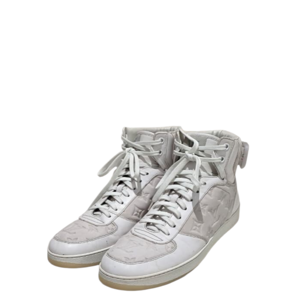 Louis Vuitton Rivoli Monogram Hi-Top Sneakers White Leather UK 8