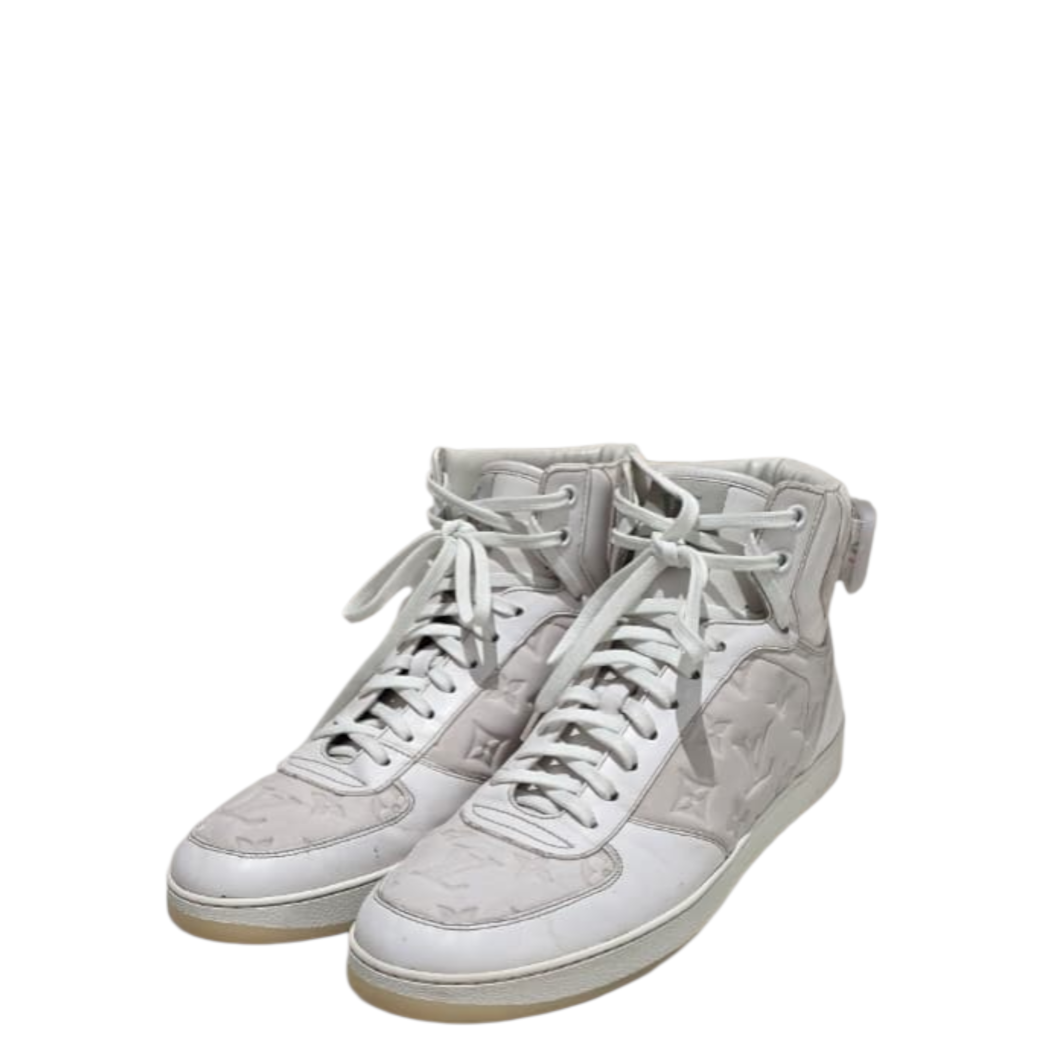 Louis Vuitton Rivoli Monogram Hi-Top Sneakers White Leather UK 8