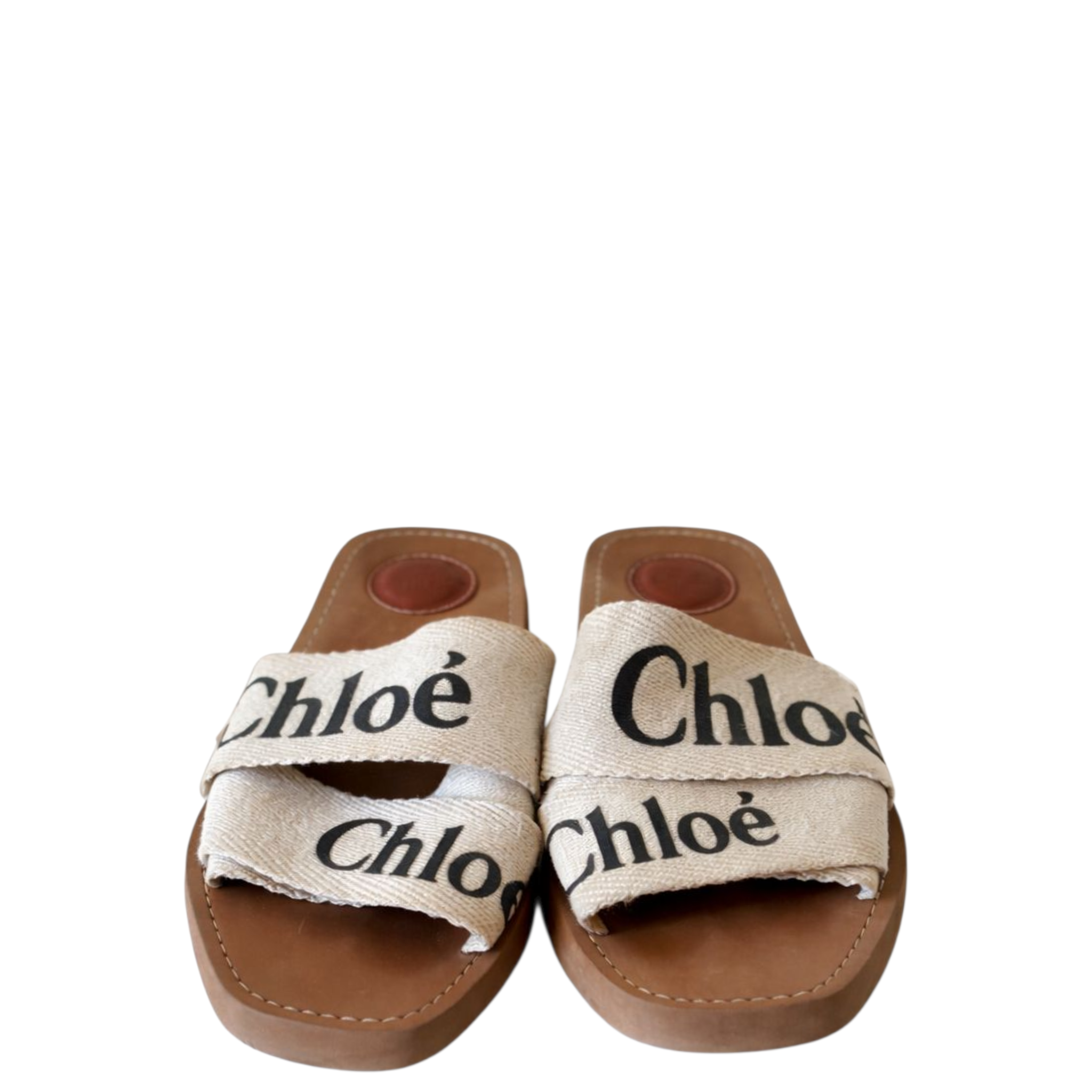 Chloé Woody Flat Mules Cotton Canvas Logo Ribbons Size EU 36