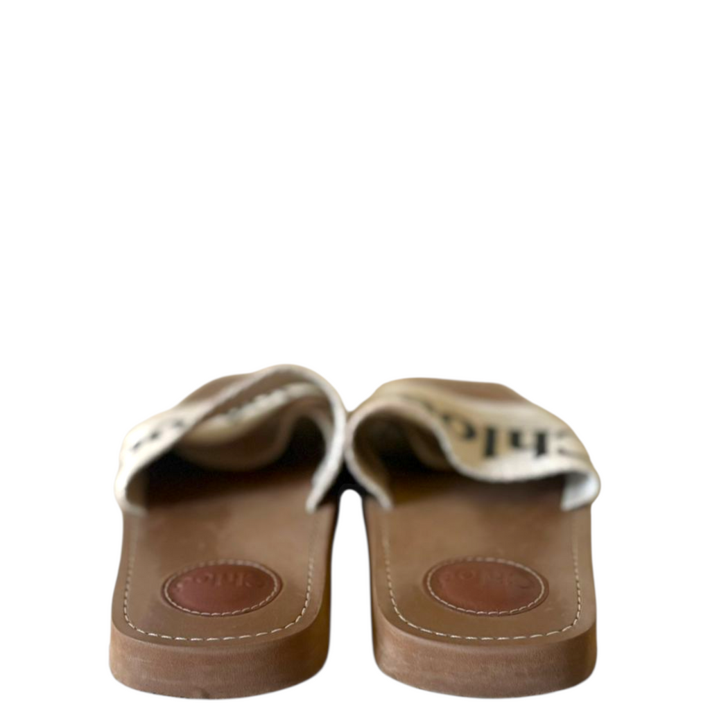 Chloé Woody Flat Mules Cotton Canvas Logo Ribbons Size EU 36