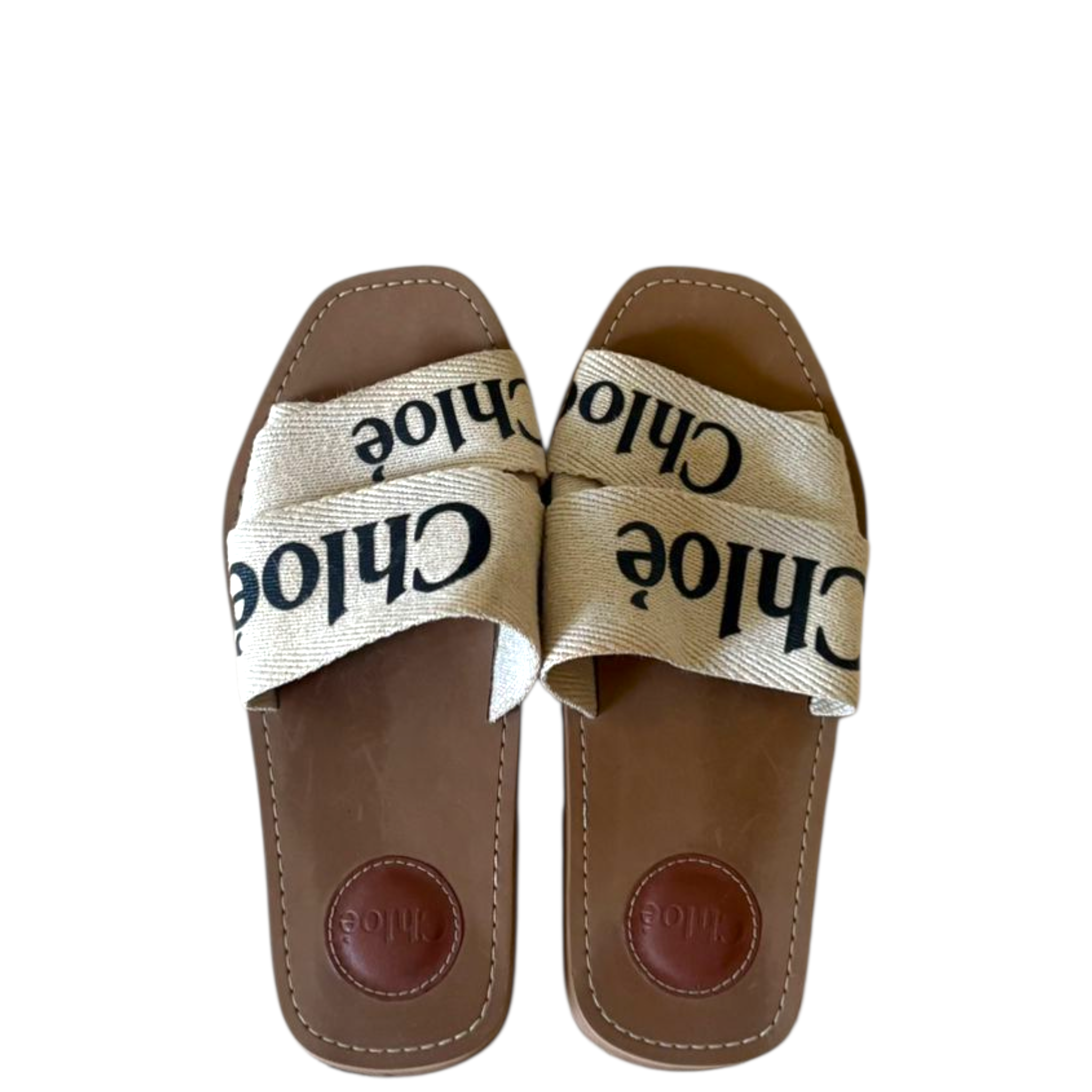 Chloé Woody Flat Mules Cotton Canvas Logo Ribbons Size EU 36