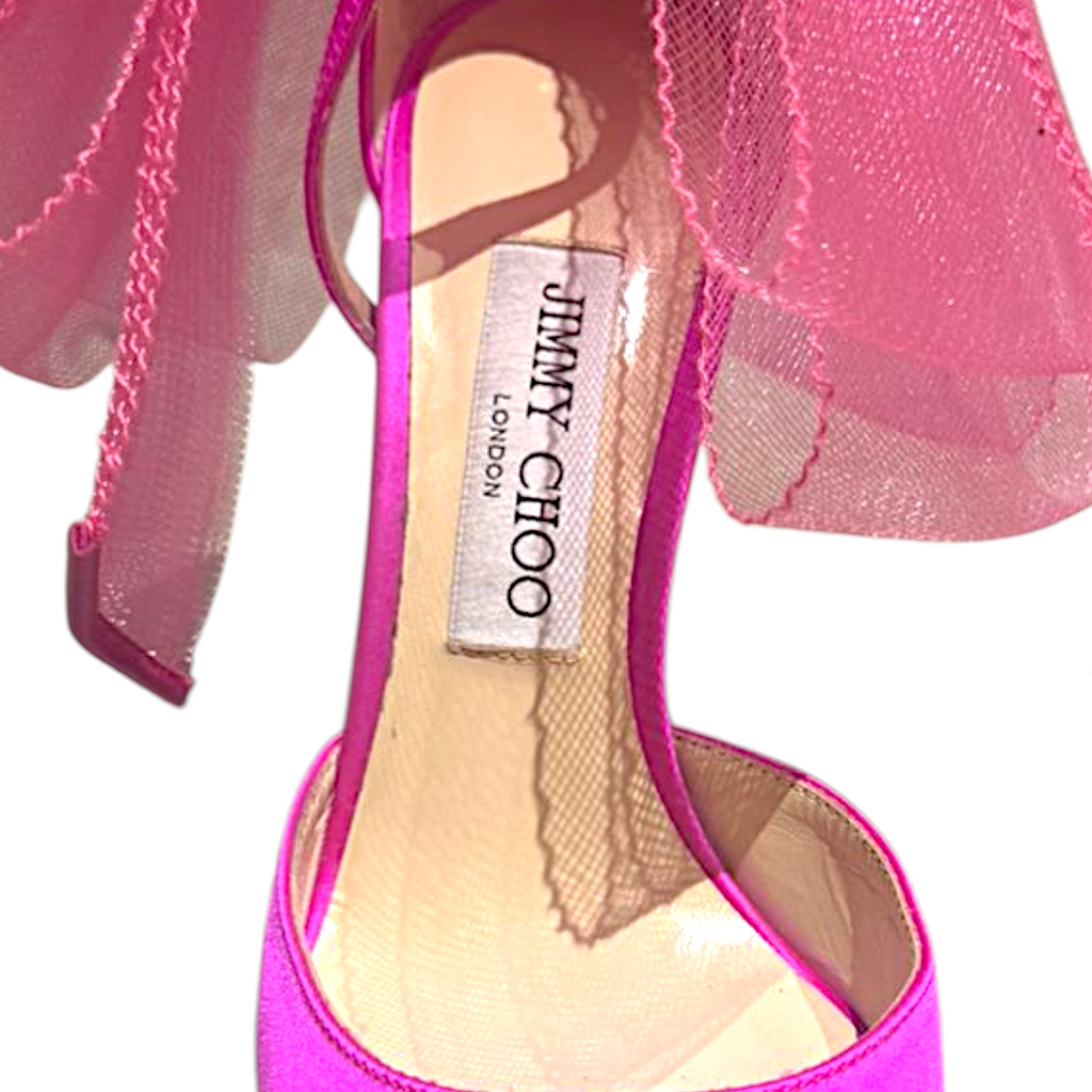 Jimmy Choo Aveline 100 Fuchsia Satin Asymmetric Bow Size EU 38.5