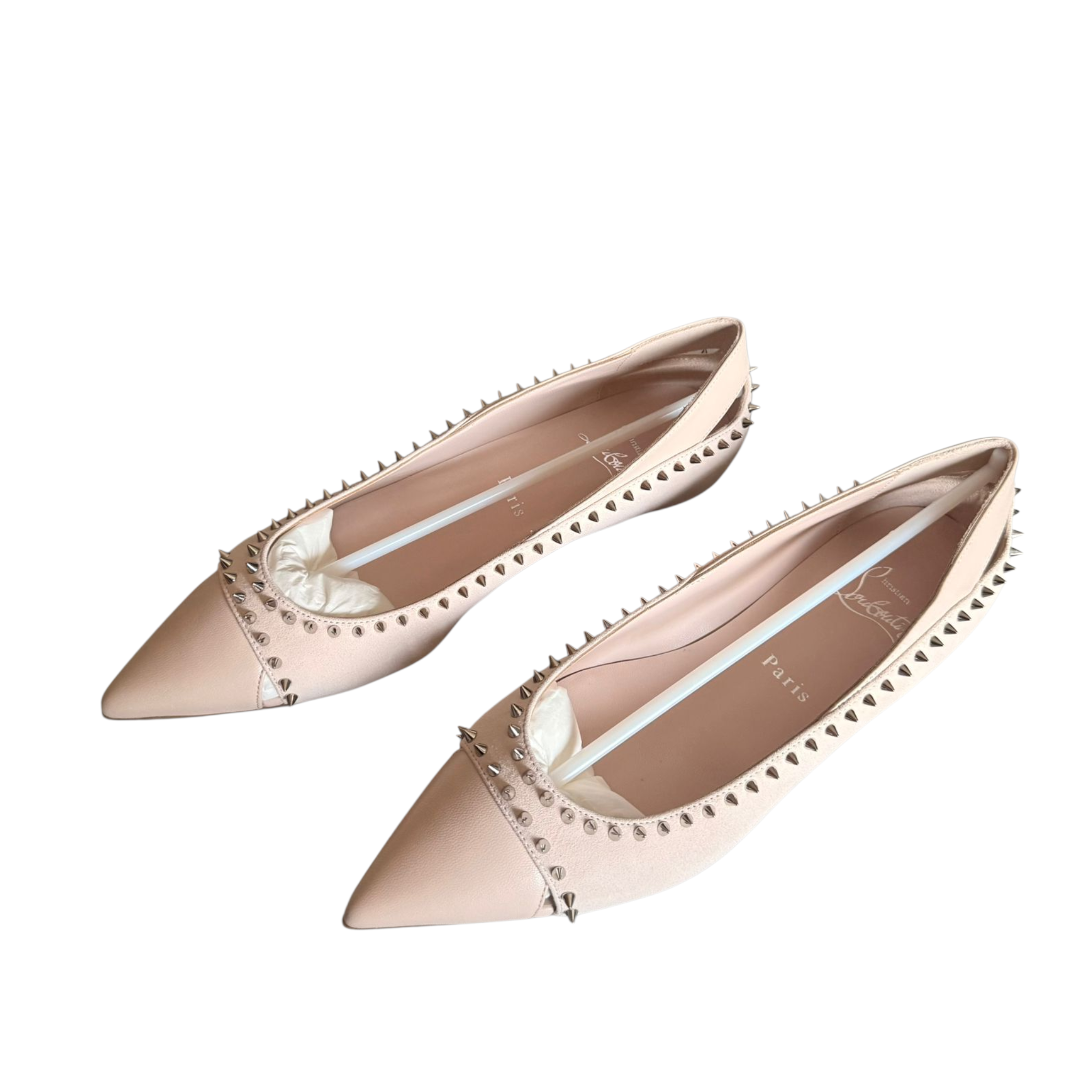 Christian Louboutin Duvettina Spikes Ballerina Flats Beige Suede Nappa Leather Size EU 37.5