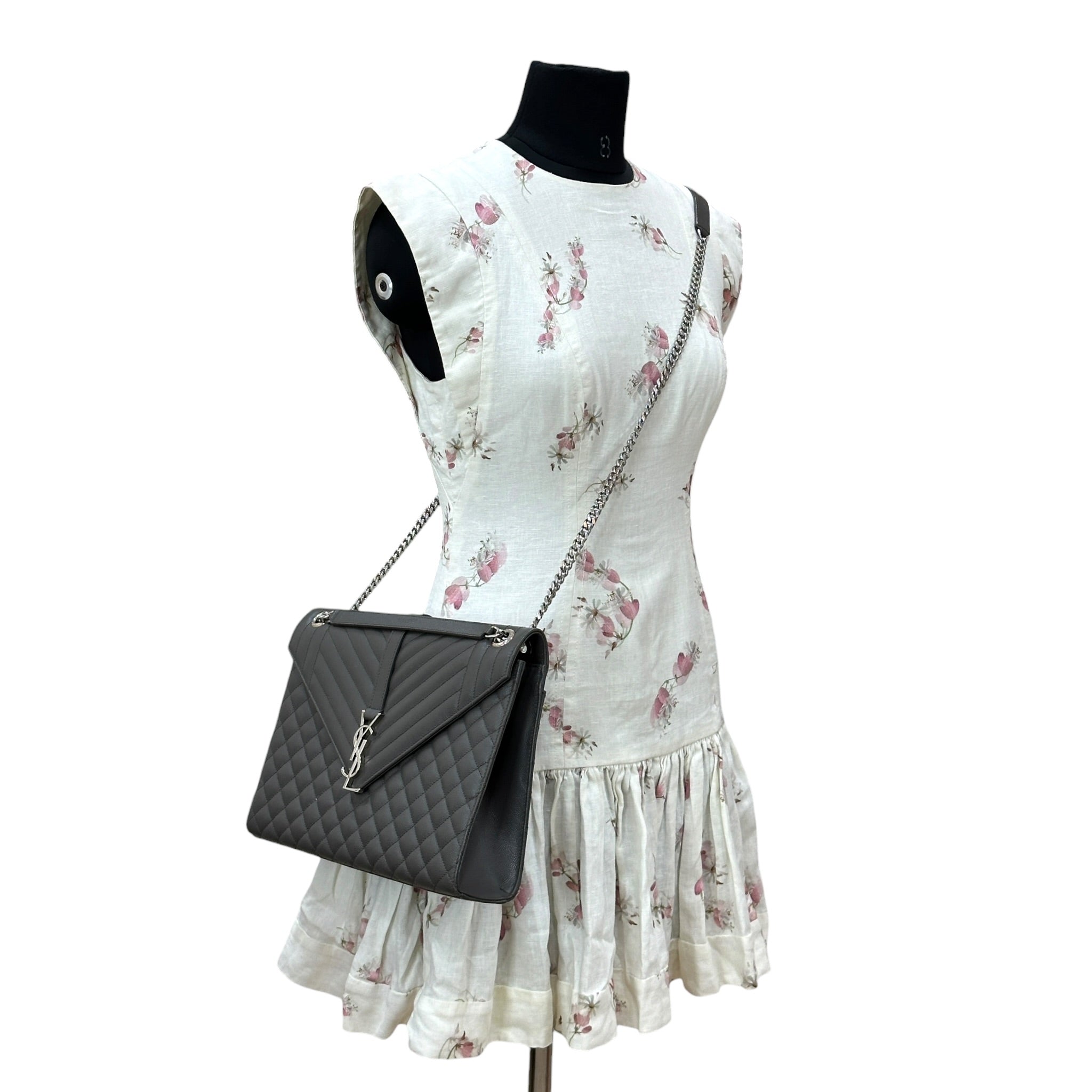 Saint Laurent Envelope Shoulder Bag Grey Quilted Grain De Poudre