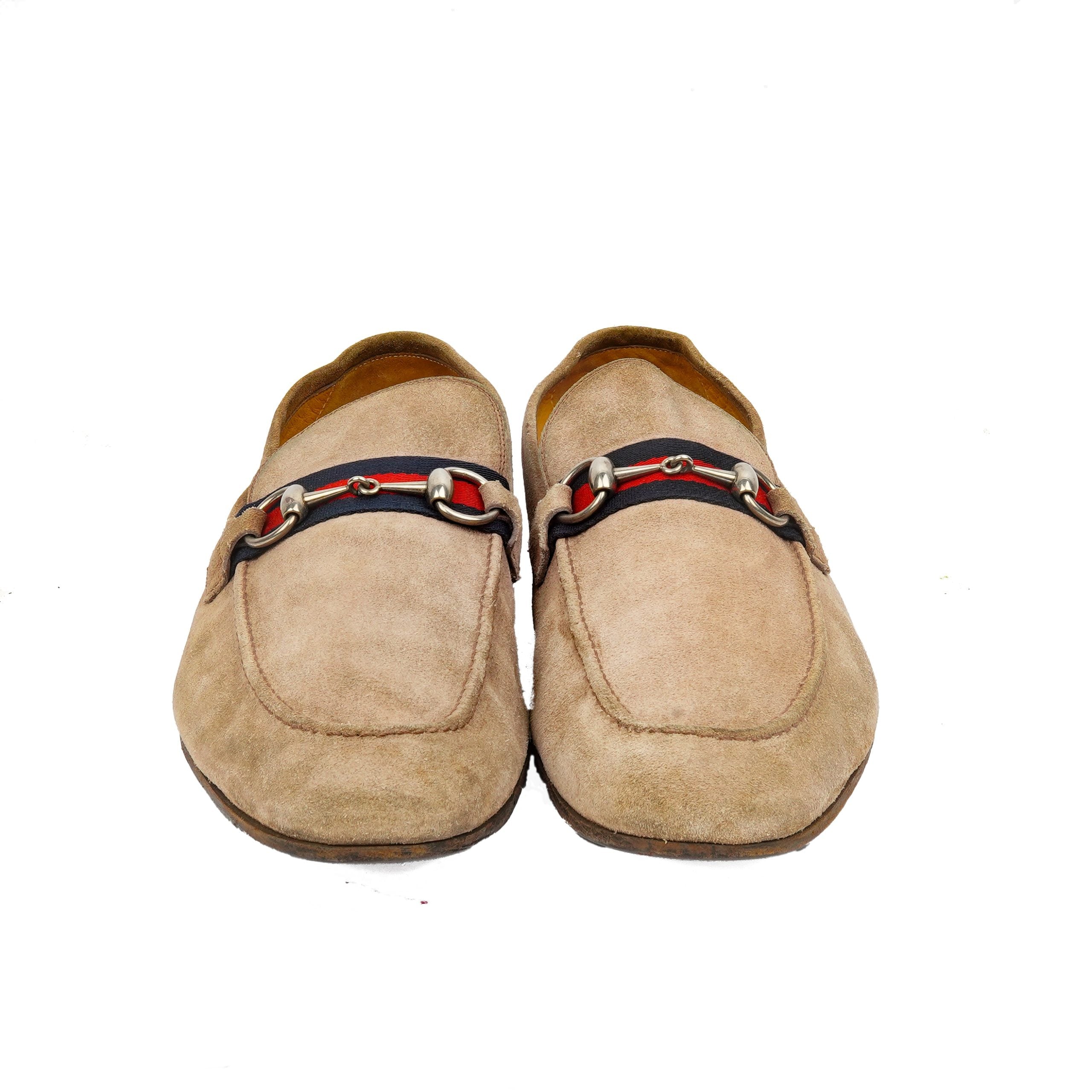 Gucci Beige Suede Web Horsebit Loafers EU 45