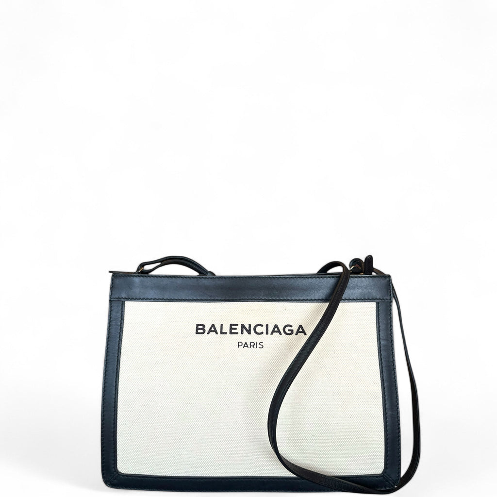Balenciaga Navy Pochette Bag Beige Canvas/Black Leather Trim