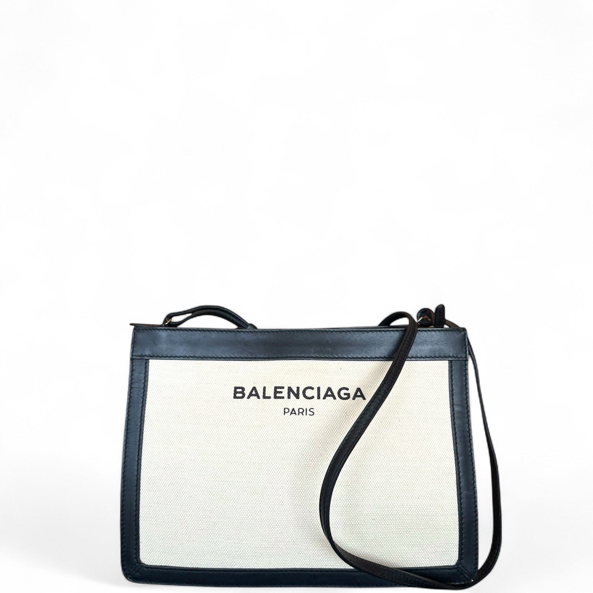 Balenciaga Navy Pochette Bag Beige Canvas/Black Leather Trim