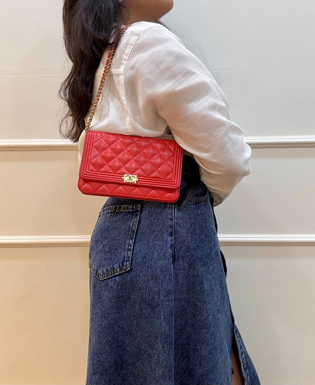 Chanel Boy Wallet On Chain Red Quilted Leather