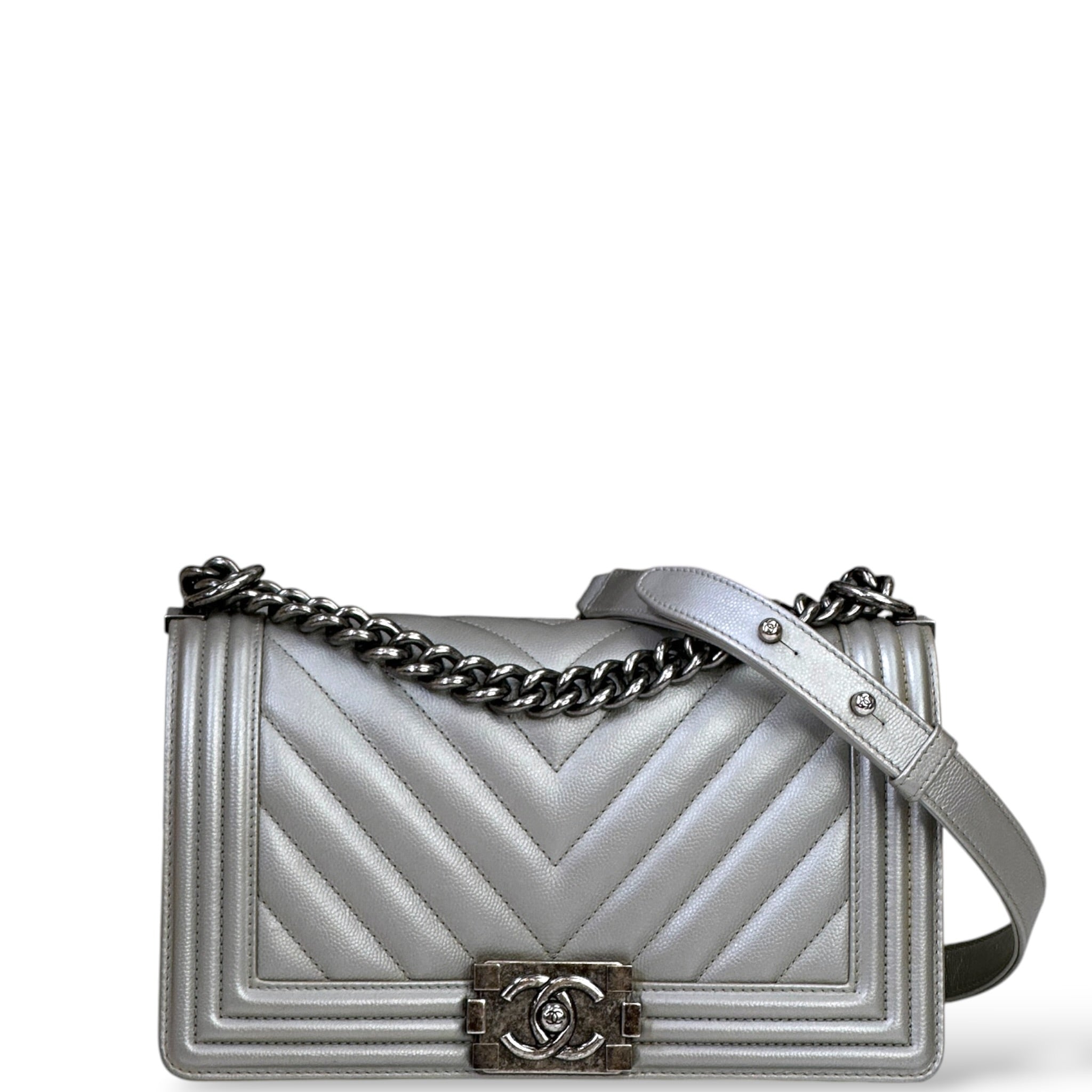 Chanel Boy Bag Medium Metallic Grey Chevron Caviar