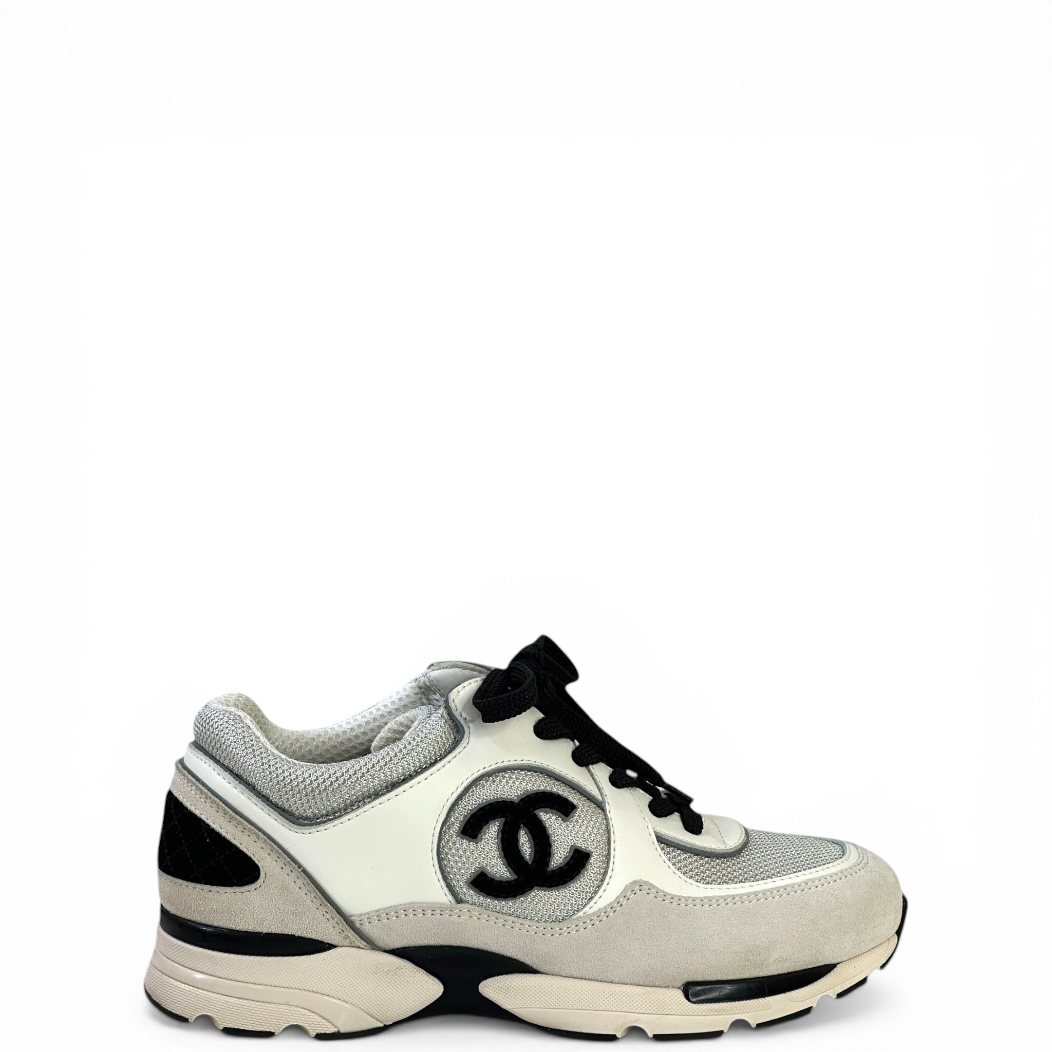 Chanel Low Top Trainer Sneakers White Black Size 37.5