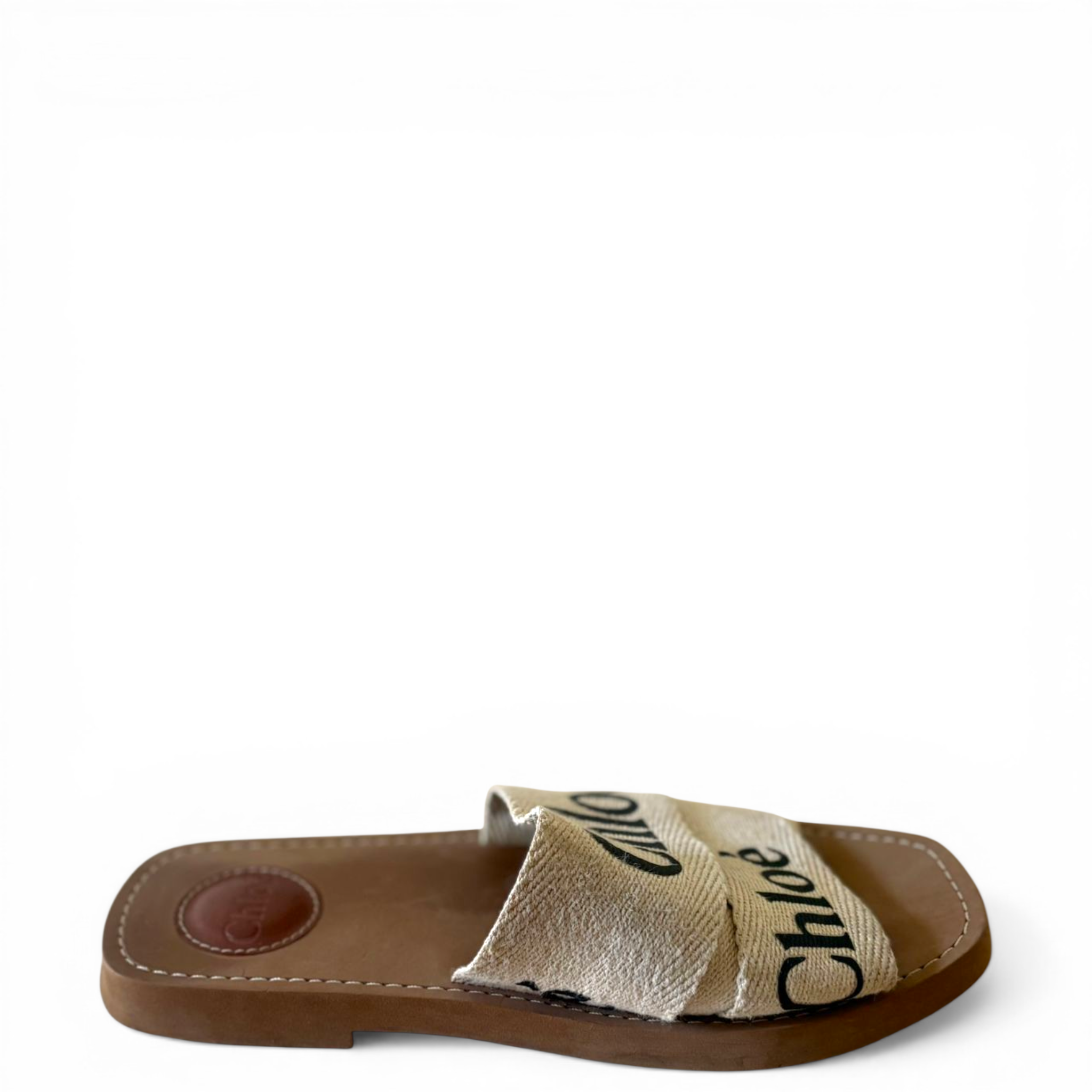 Chloé Woody Flat Mules Cotton Canvas Logo Ribbons Size EU 36