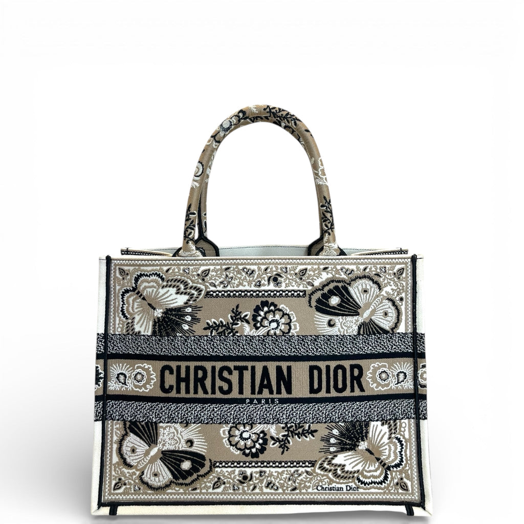 Christian Dior Medium Book Tote Bag Beige Butterfly Bandana Embroidery
