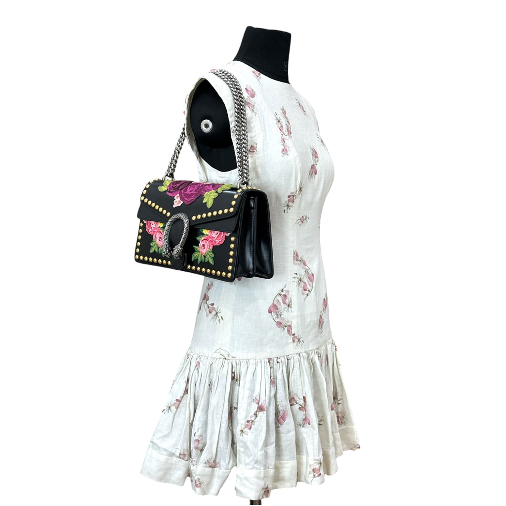 Gucci Dionysus Shoulder Bag Black Leather Studded Floral Embroidery