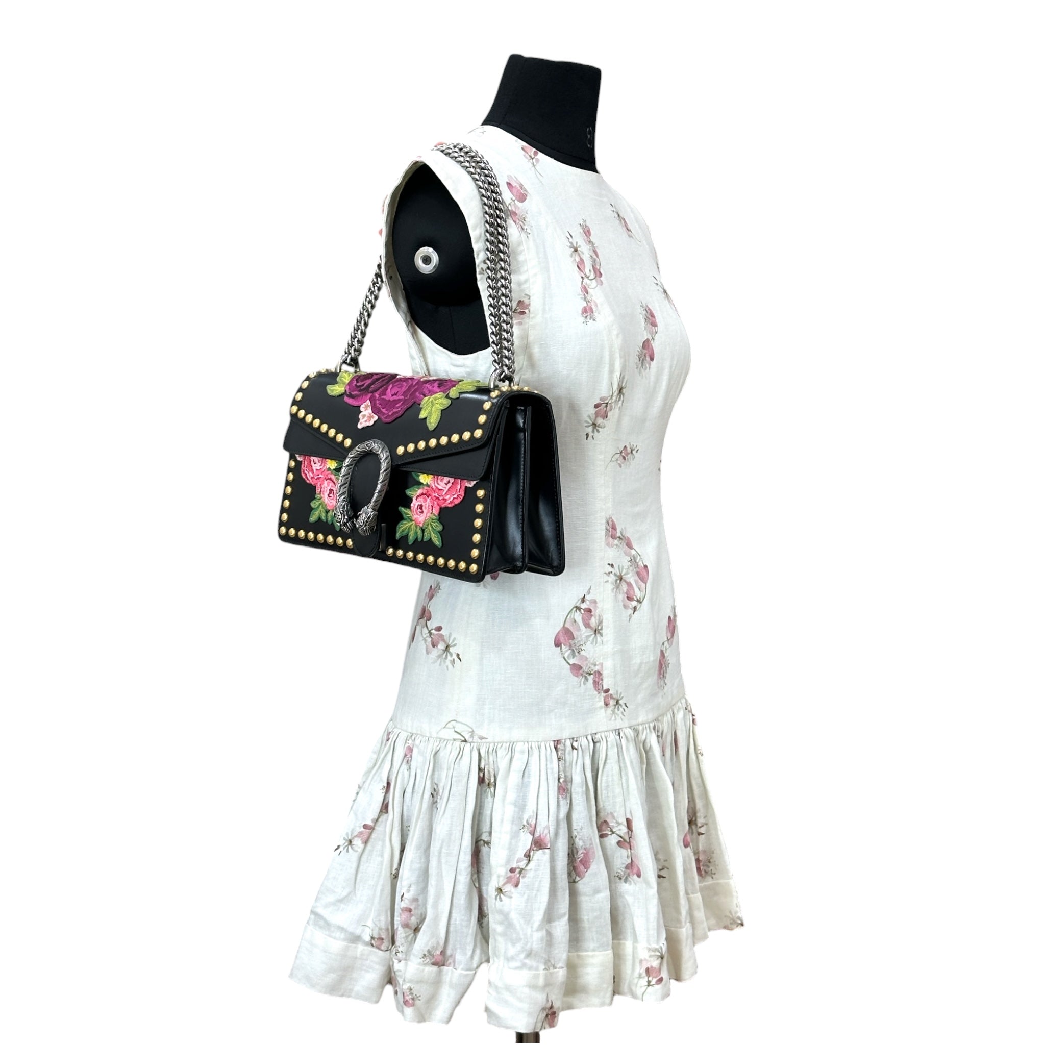 Gucci Dionysus Shoulder Bag Black Leather Studded Floral Embroidery