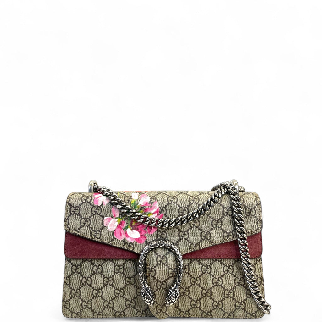 Gucci Dionysus Small Shoulder Bag GG Supreme Blooms Print Maroon Suede