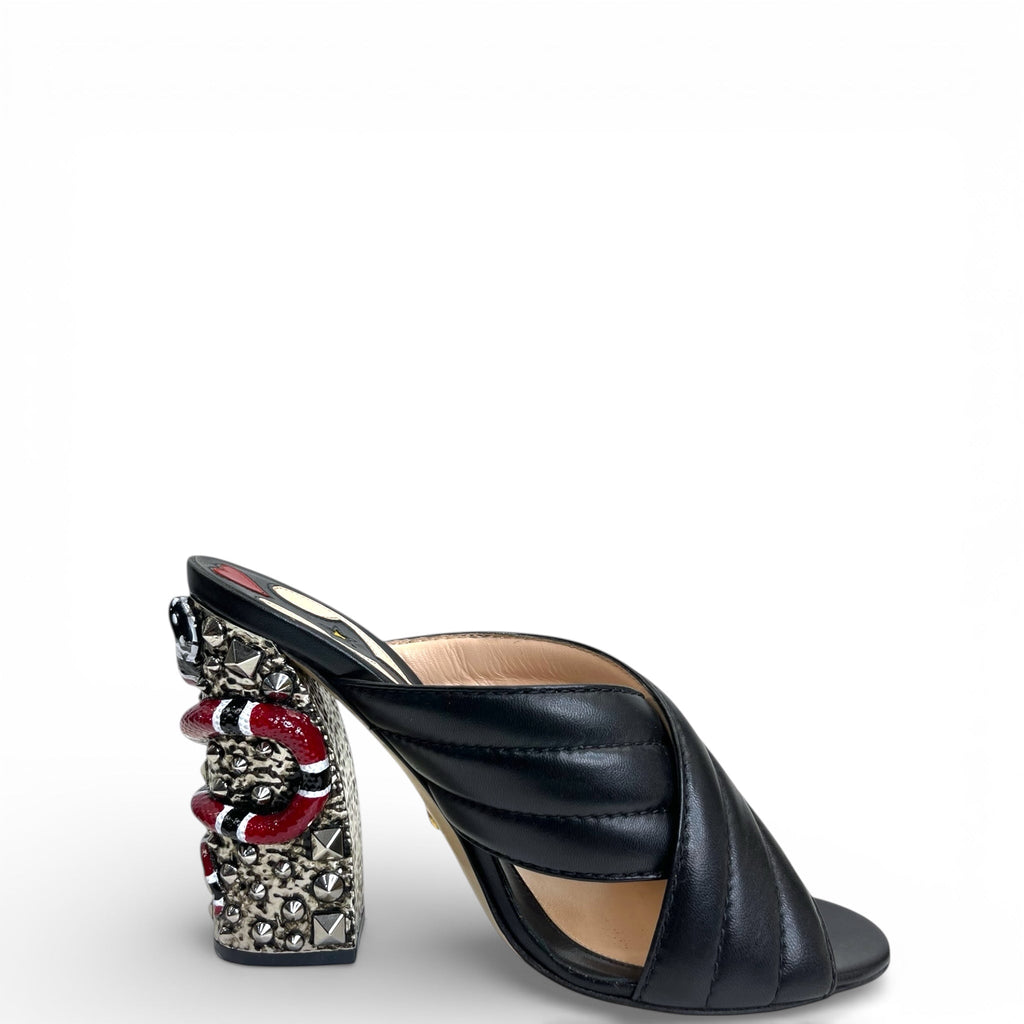 Gucci Webby Slide Sandal Black Quilted Leather Snake Embellished EU 38