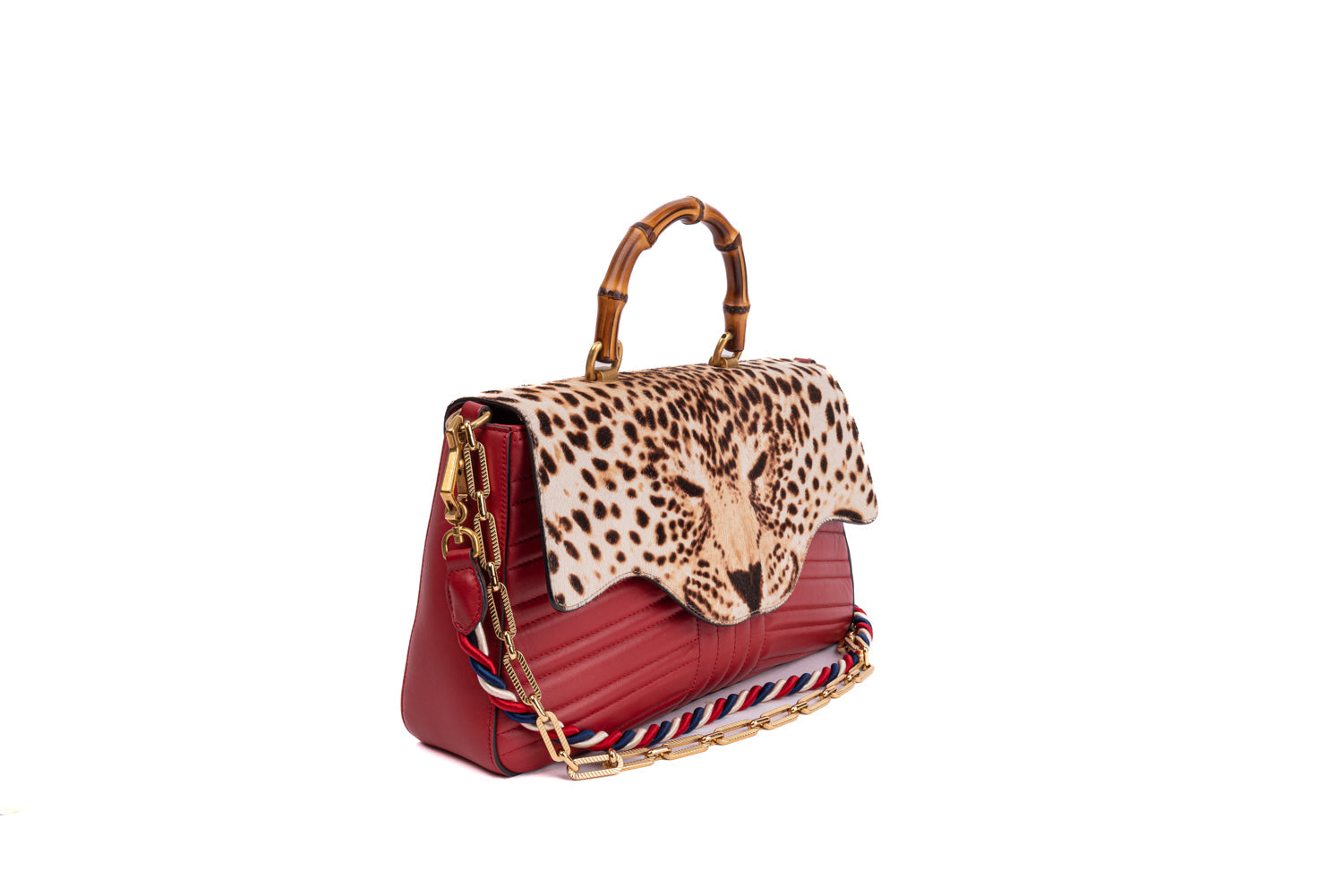 Red Quilted Leather Bamboo Leopard Top Handle Bag