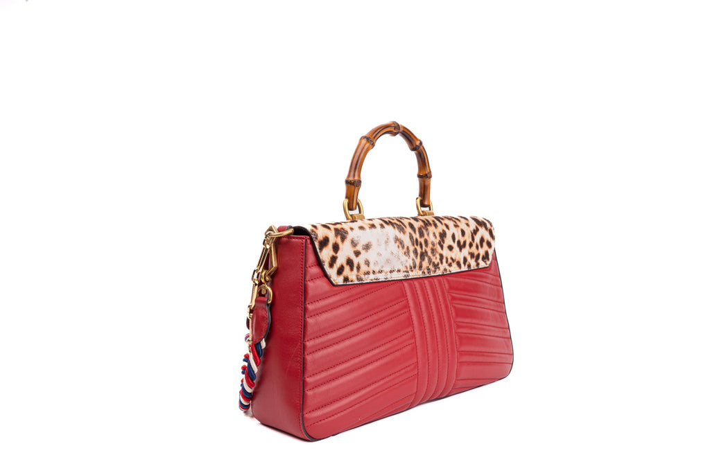 Red Quilted Leather Bamboo Leopard Top Handle Bag