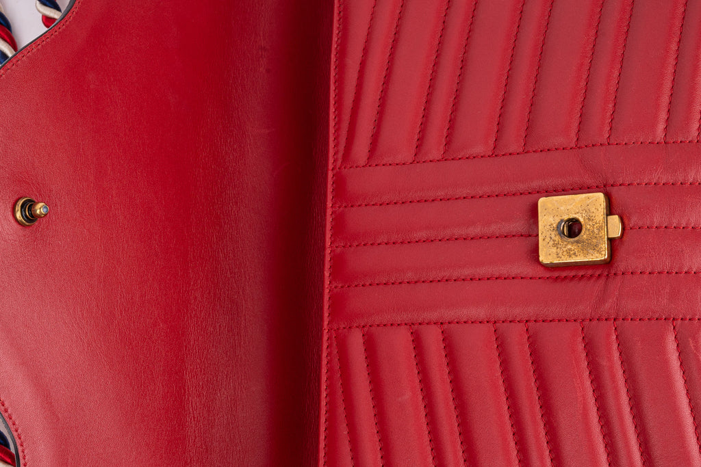 Red Quilted Leather Bamboo Leopard Top Handle Bag
