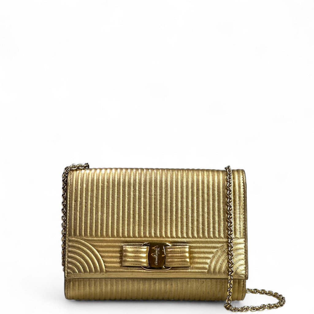 Salvatore Ferragamo Vara Bow Clutch Gold Leather