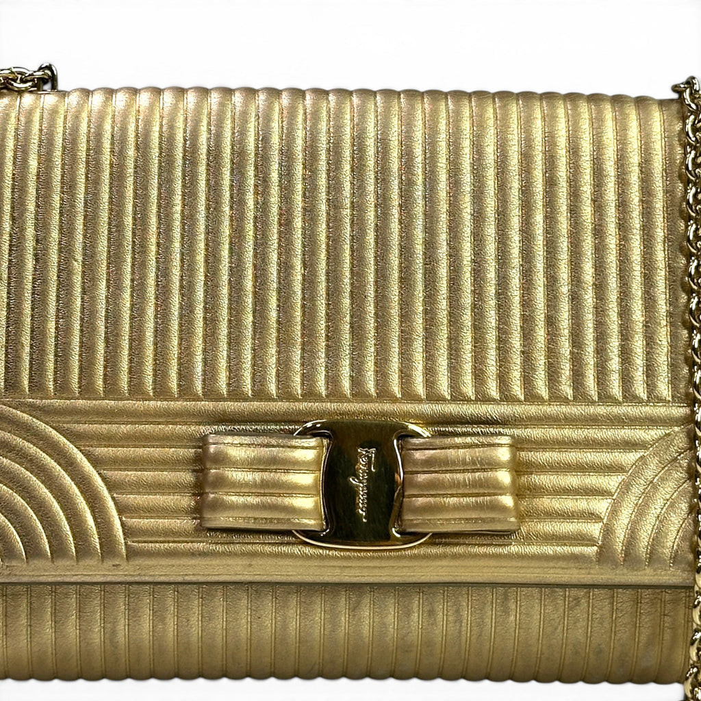 Salvatore Ferragamo Vara Bow Clutch Gold Leather