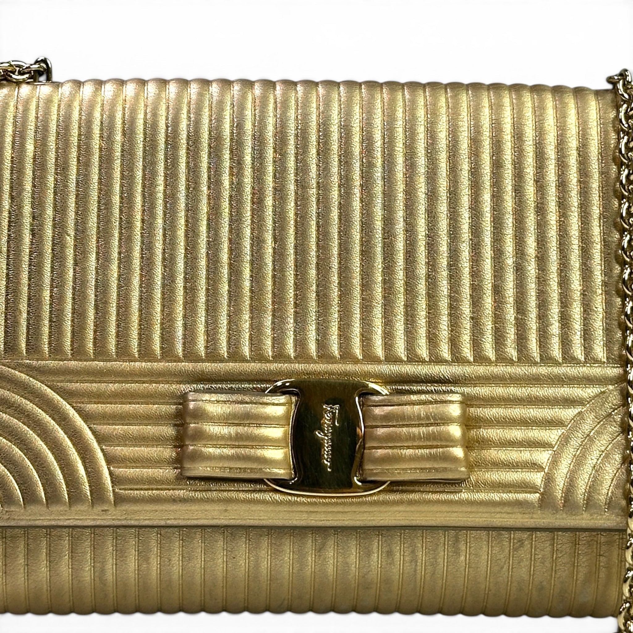 Salvatore Ferragamo Vara Bow Clutch Gold Leather