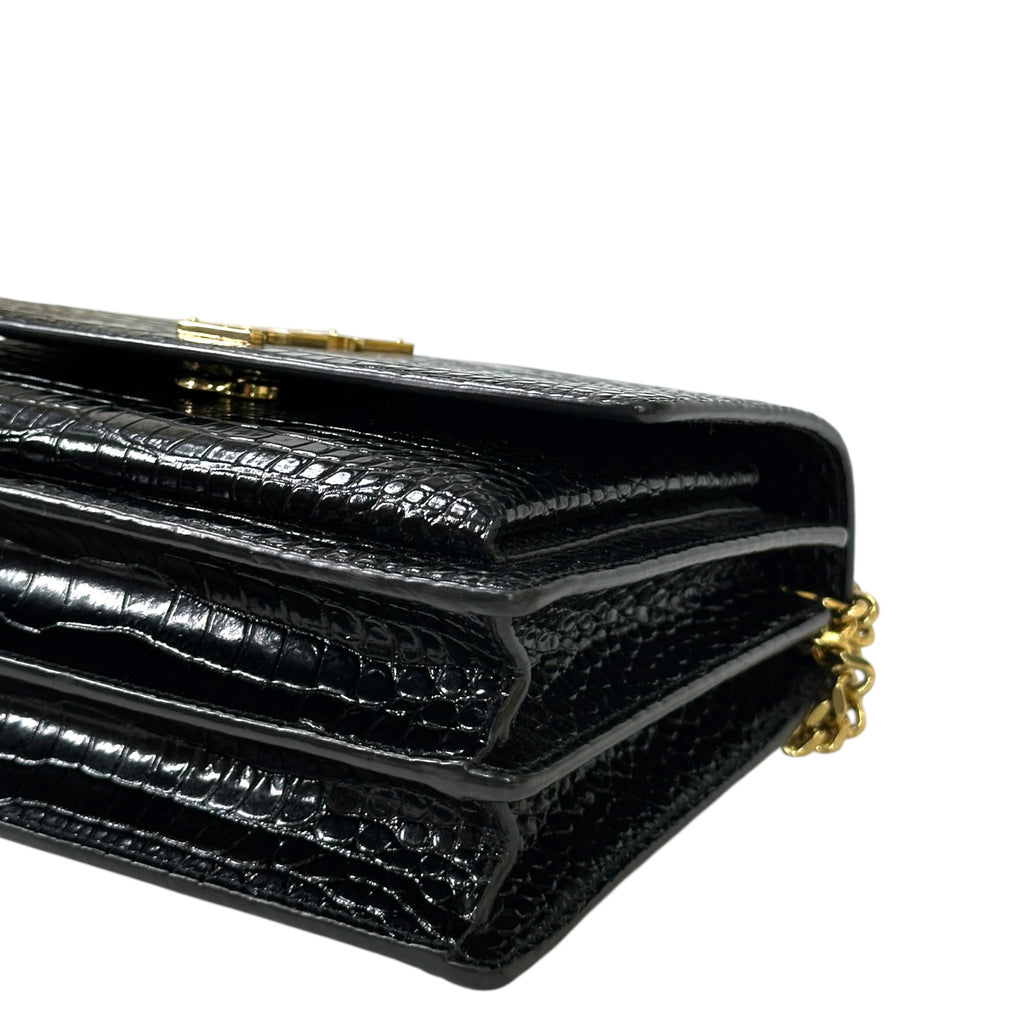 Saint Laurent Sunset Small Black Crocodile-Embossed Leather
