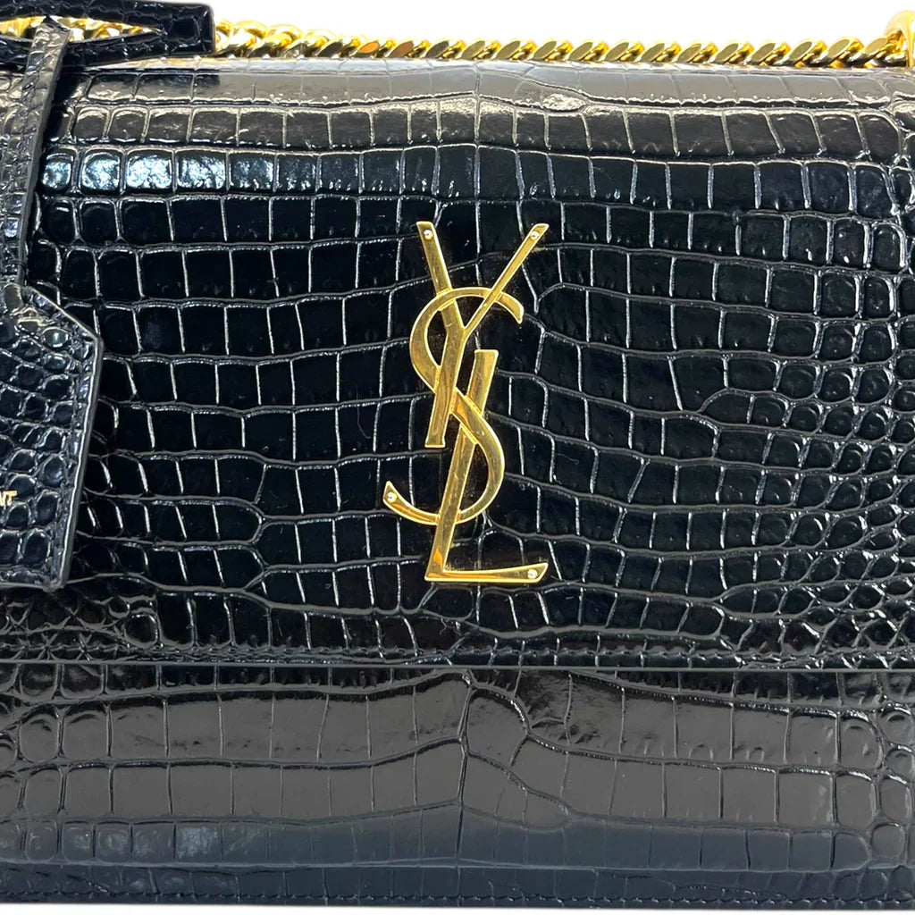 Saint Laurent Sunset Small Black Crocodile-Embossed Leather