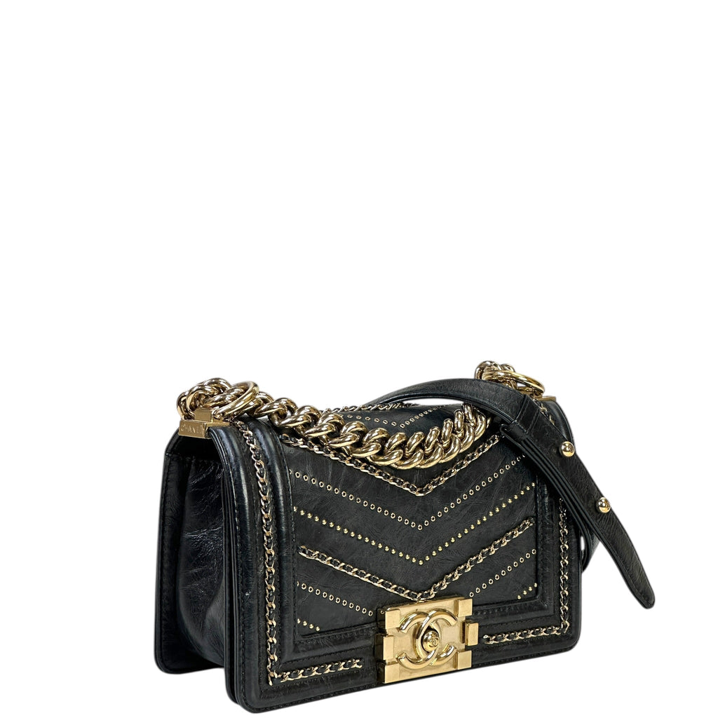 Chanel Boy Bag Small Chevron Chain Black Crumpled Calfskin