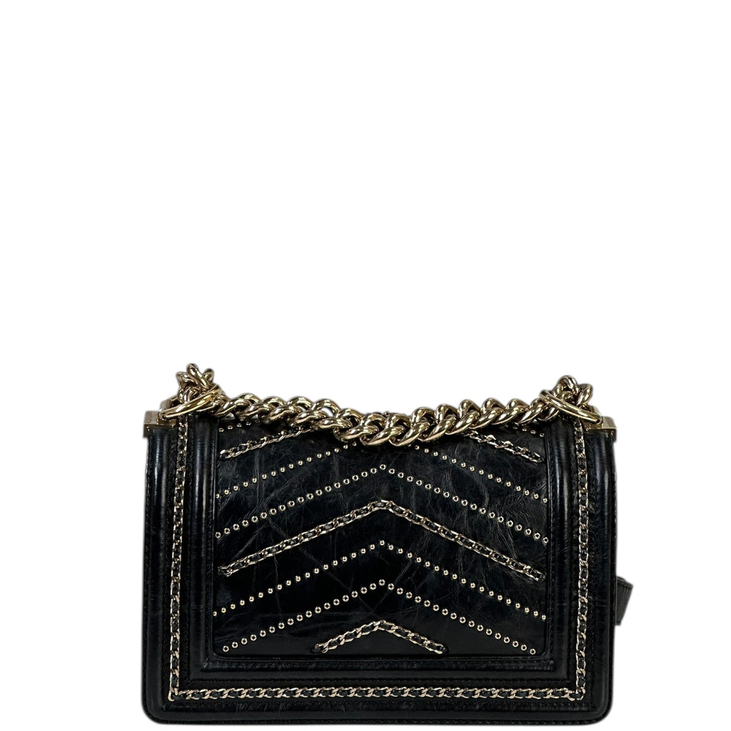 Chanel Boy Bag Small Chevron Chain Black Crumpled Calfskin