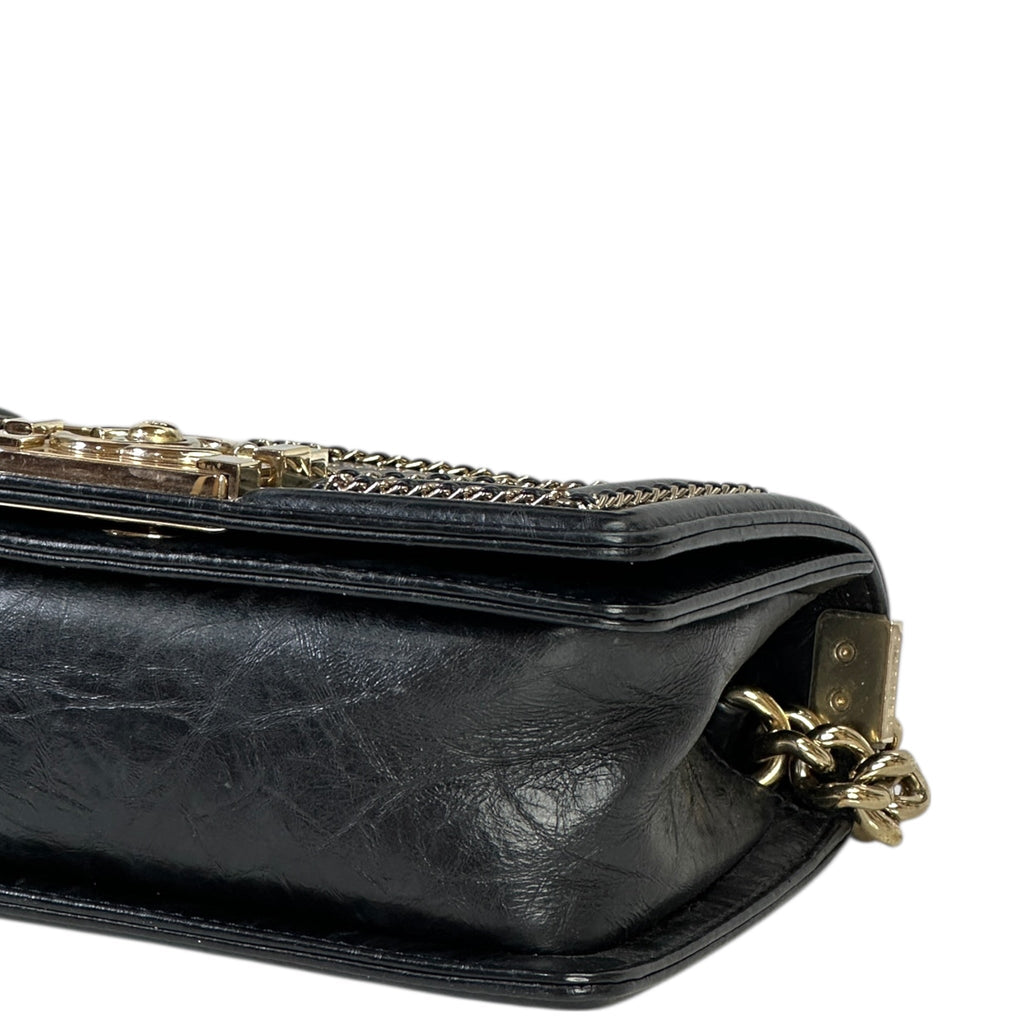 Chanel Boy Bag Small Chevron Chain Black Crumpled Calfskin