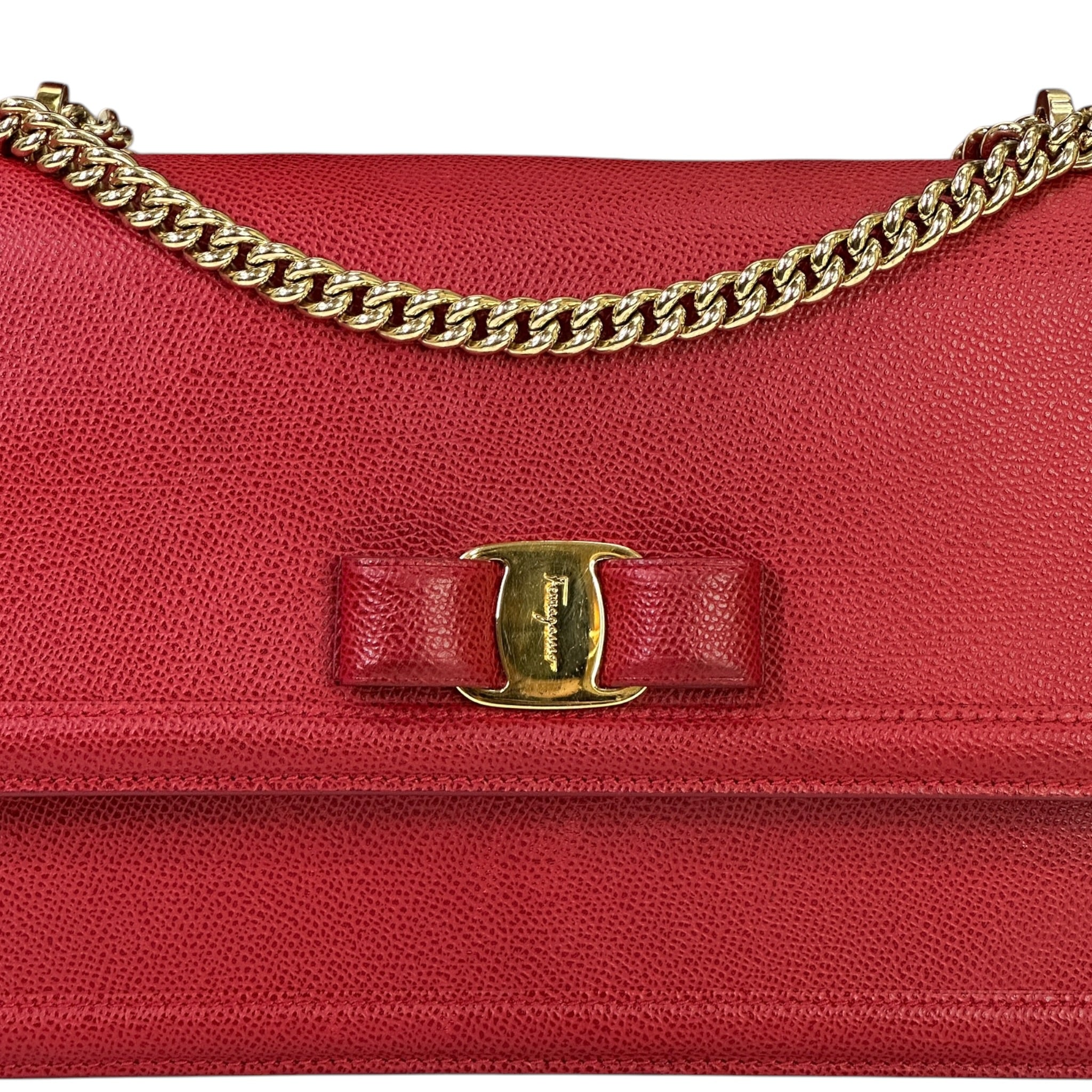 Salvatore Ferragamo Vara Bow Flap Chain Clutch Red Leather