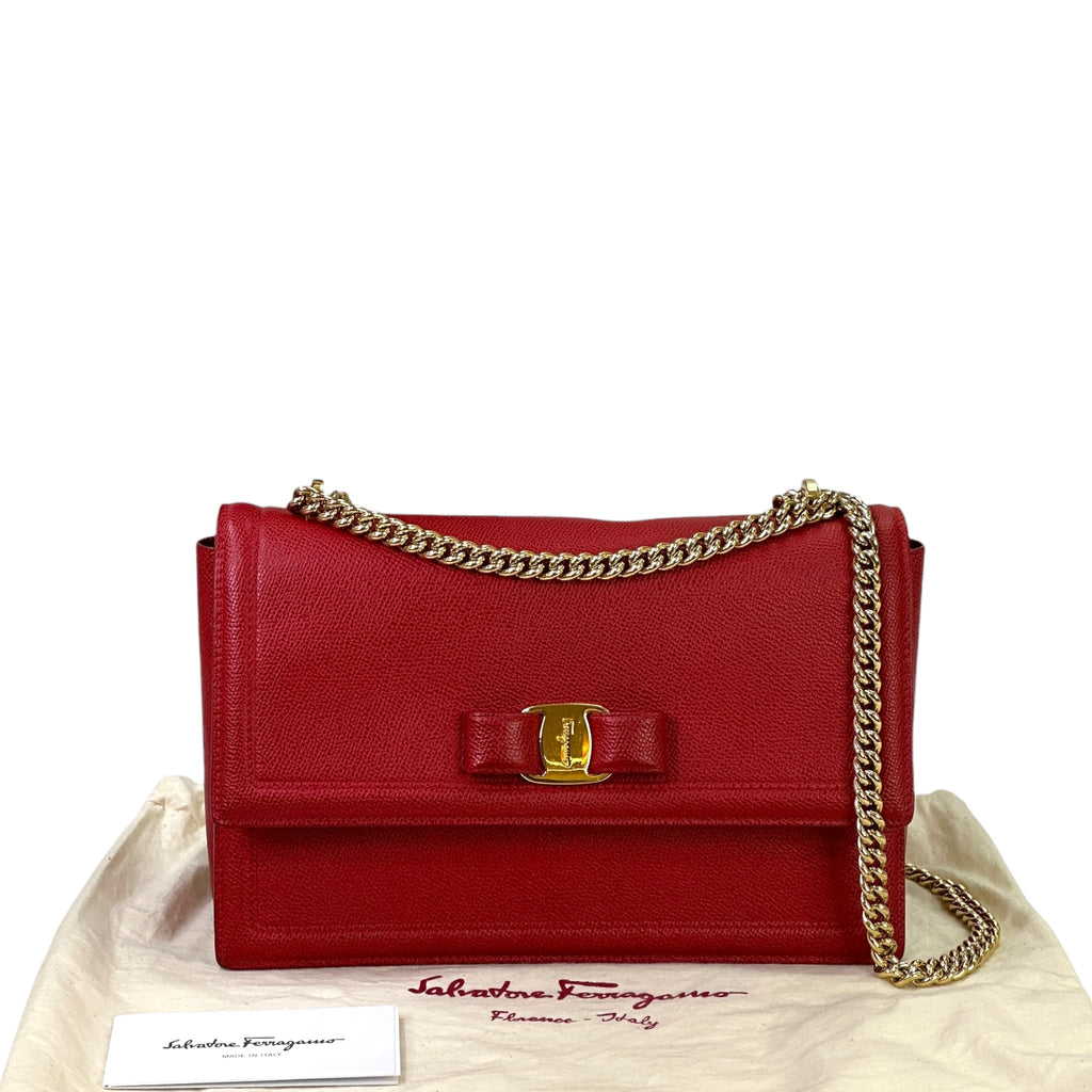 Salvatore Ferragamo Vara Bow Flap Chain Clutch Red Leather