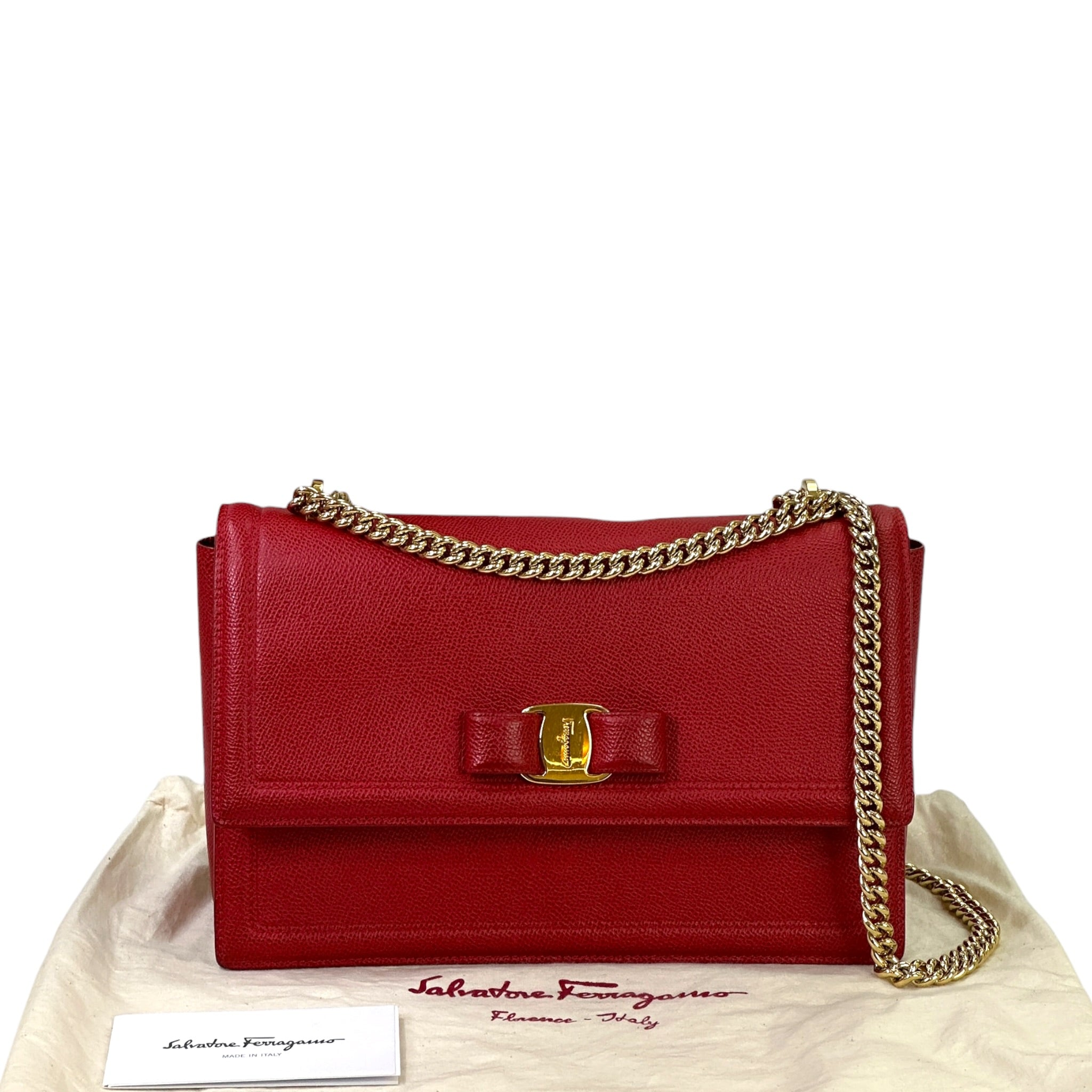 Salvatore Ferragamo Vara Bow Flap Chain Clutch Red Leather