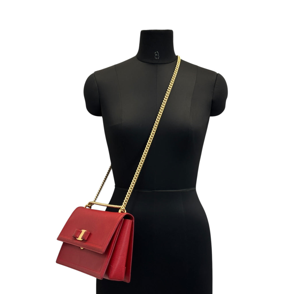 Salvatore Ferragamo Vara Bow Flap Chain Clutch Red Leather
