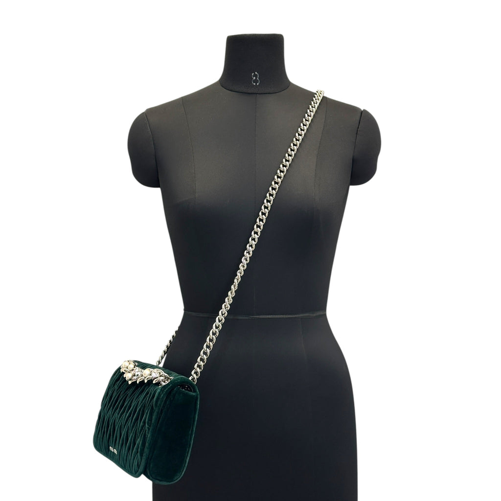 Miu Miu Club Shoulder Bag Small Green Velvet Matelassé