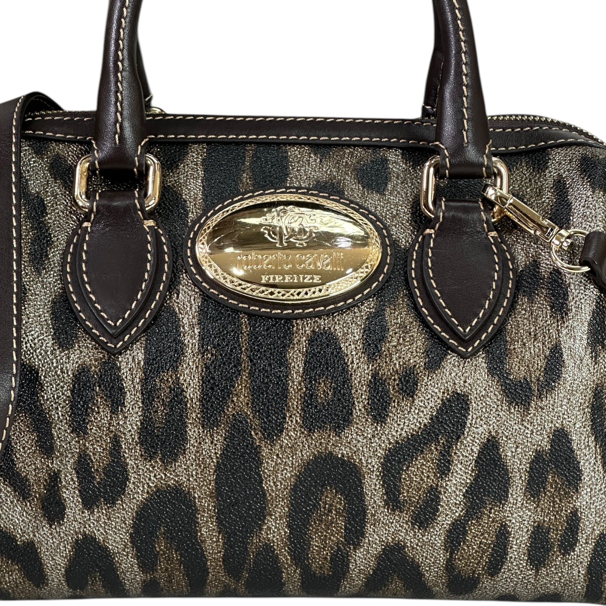 Roberto Cavalli Boston Bag Brown Leopard Print Leather