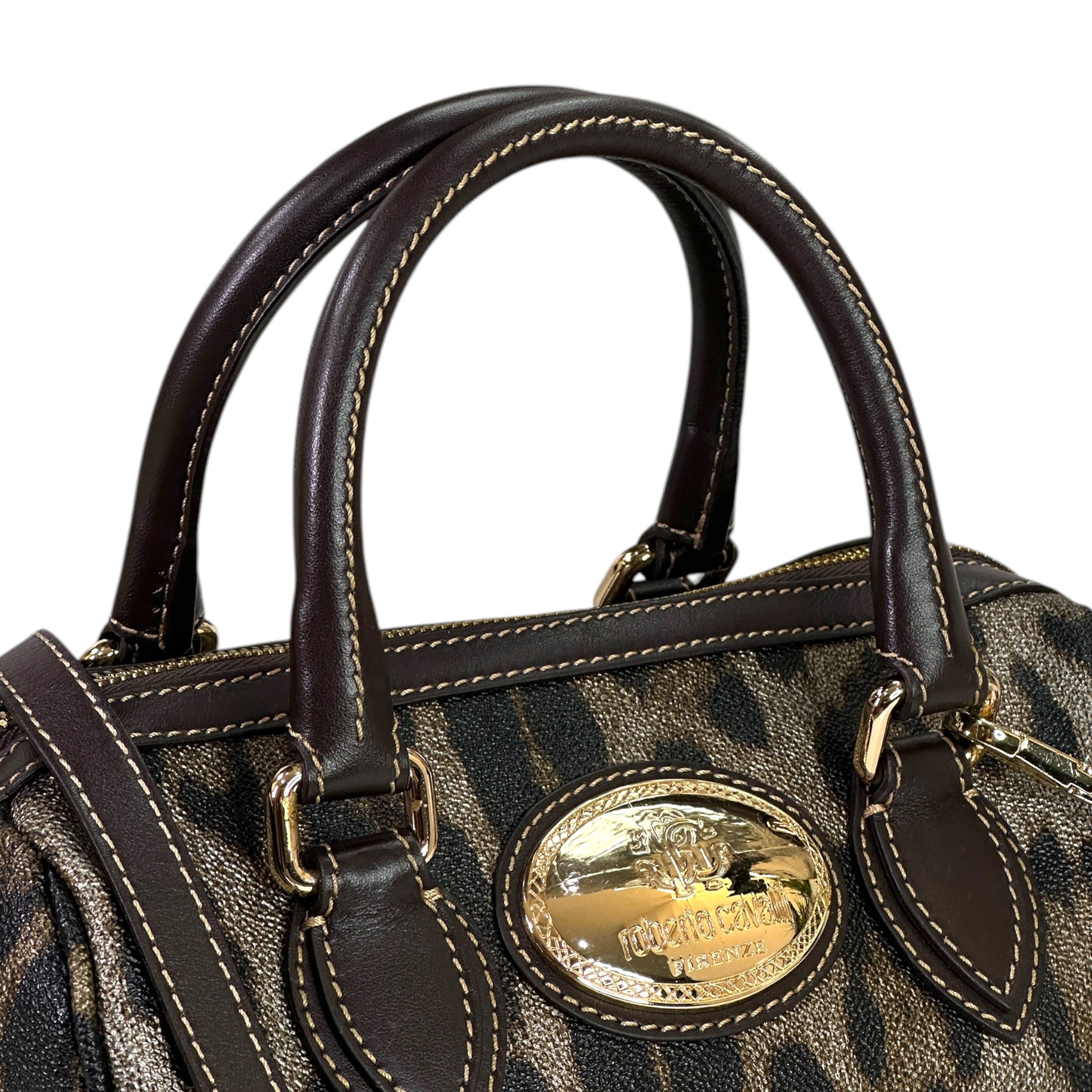 Roberto Cavalli Boston Bag Brown Leopard Print Leather