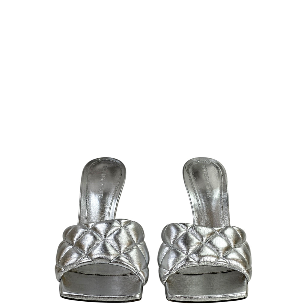 Bottega Veneta Lido Slide Sandals Quilted Metallic Silver Leather EU 37