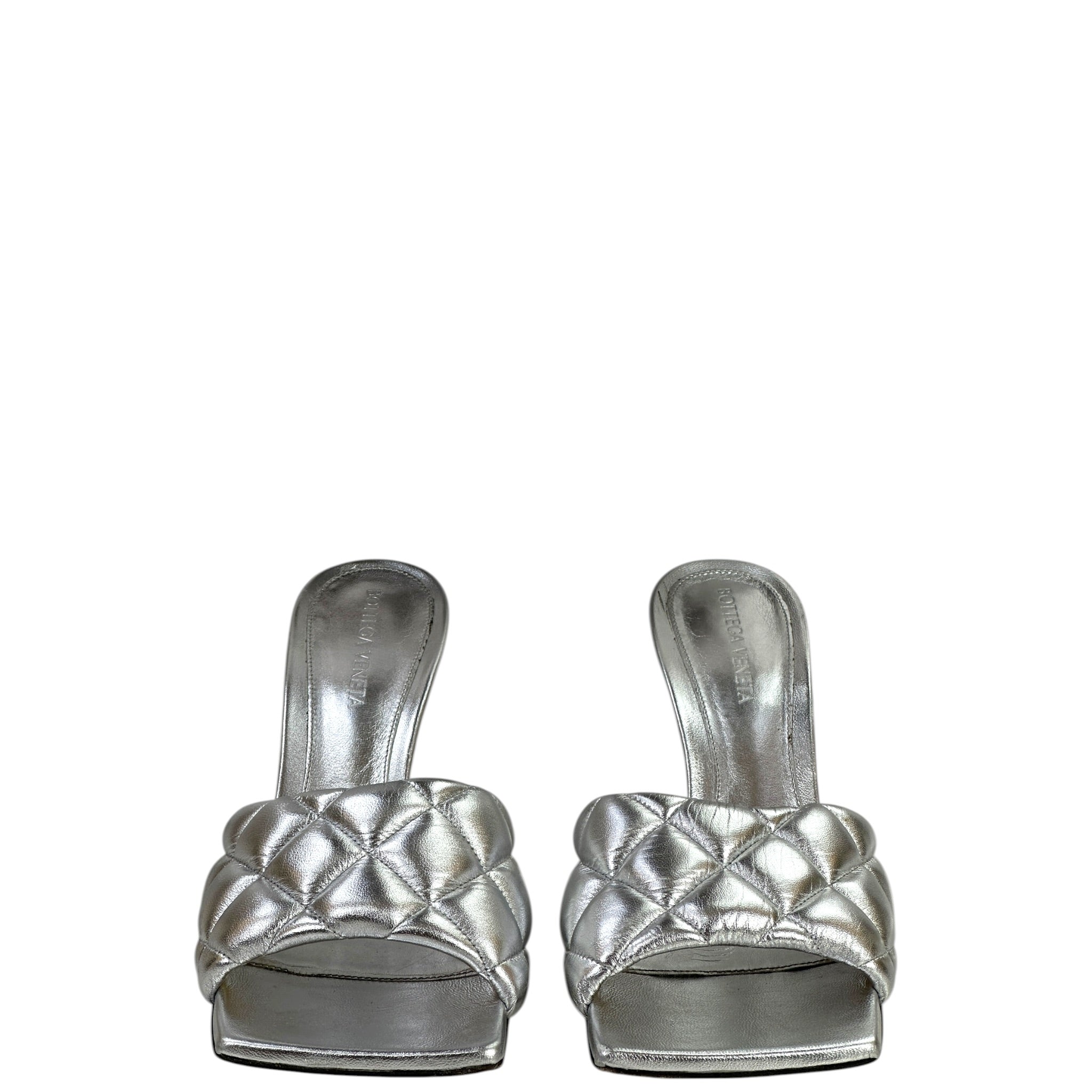 Bottega Veneta Lido Slide Sandals Quilted Metallic Silver Leather EU 37