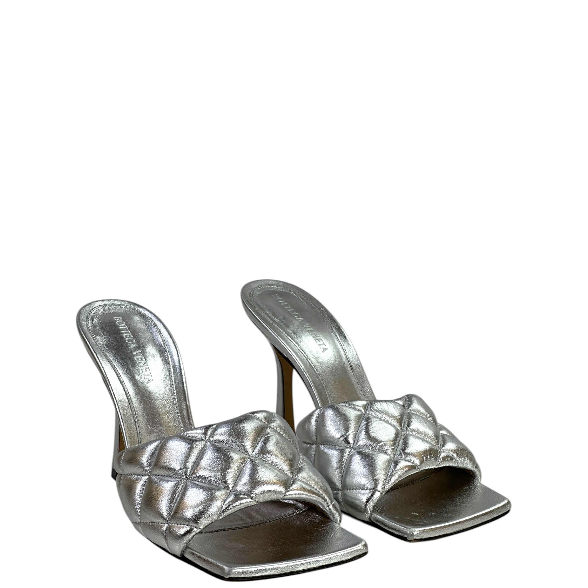 Bottega Veneta Lido Slide Sandals Quilted Metallic Silver Leather EU 37