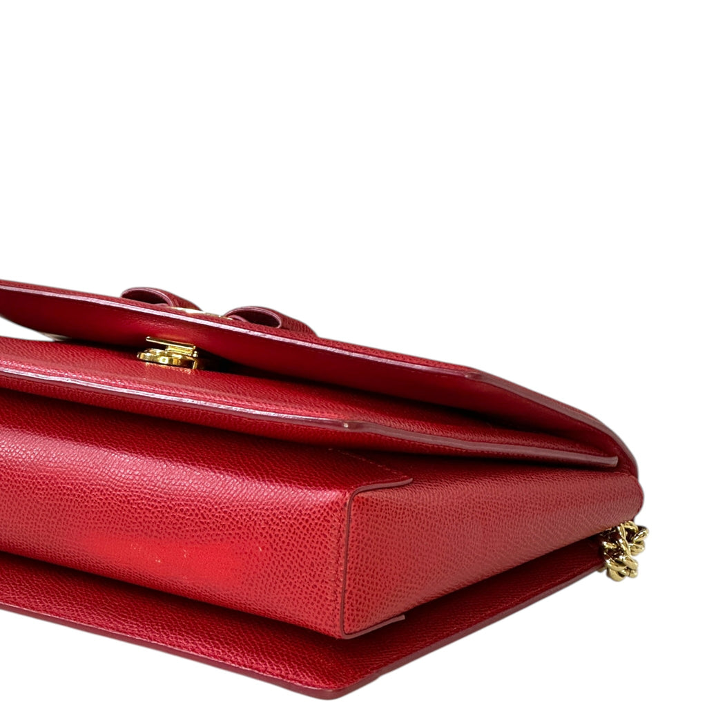 Salvatore Ferragamo Vara Bow Flap Chain Clutch Red Leather