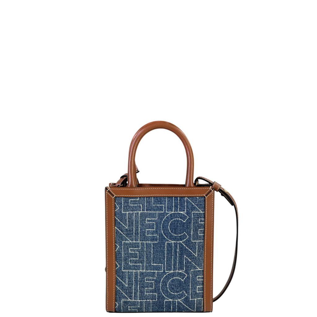 Celine Mini Vertical Cabas Bag Printed Denim Brown Leather