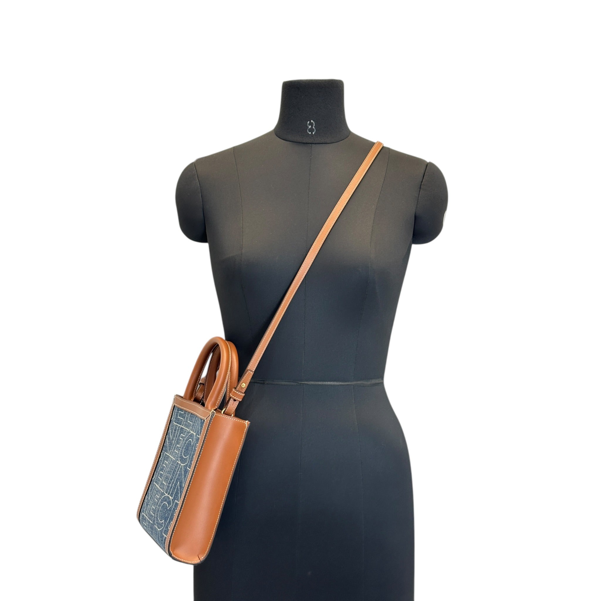 Celine Mini Vertical Cabas Bag Printed Denim Brown Leather