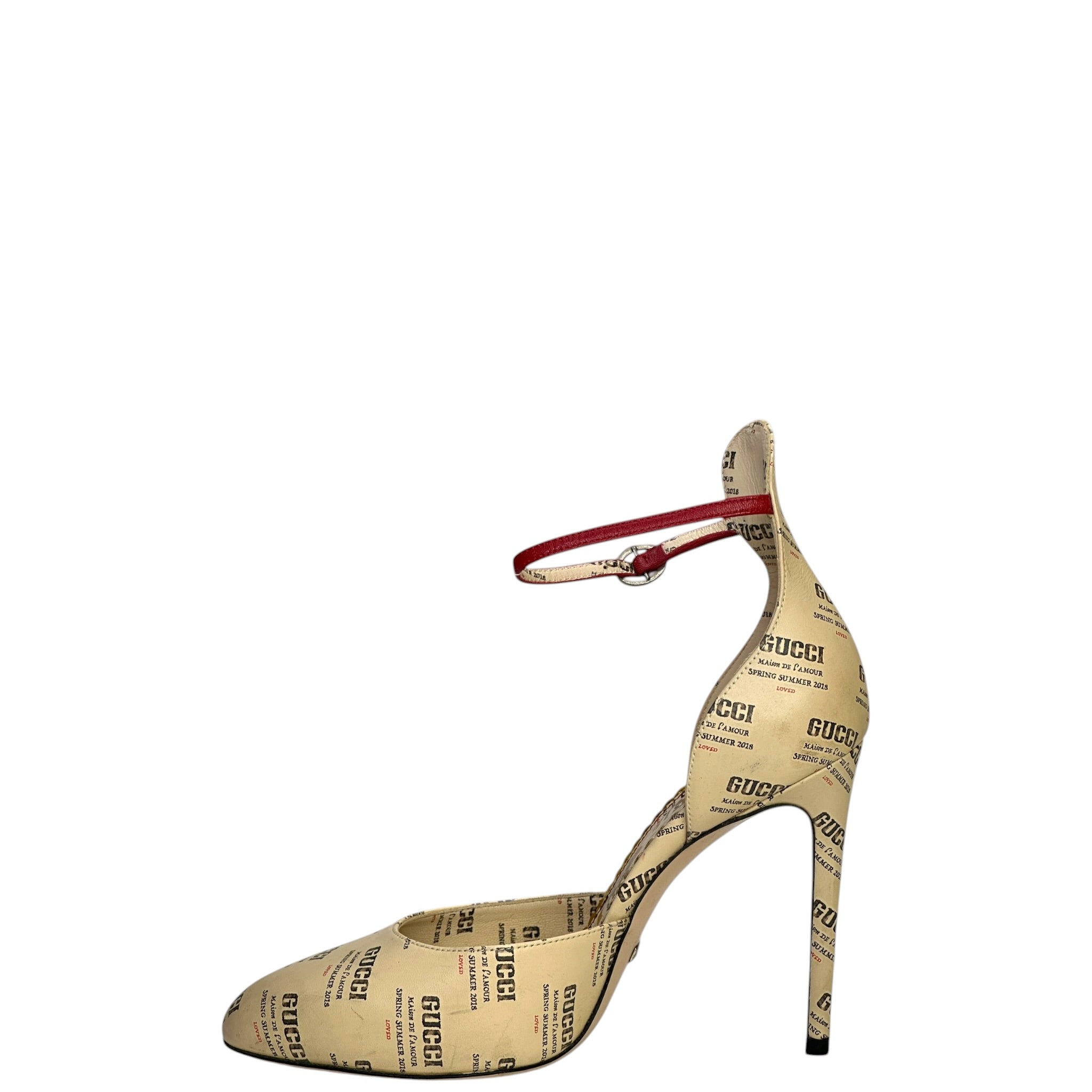 Gucci Daisy Ankle Strap D'orsay Pumps Beige/Red Printed Leather EU 36.5