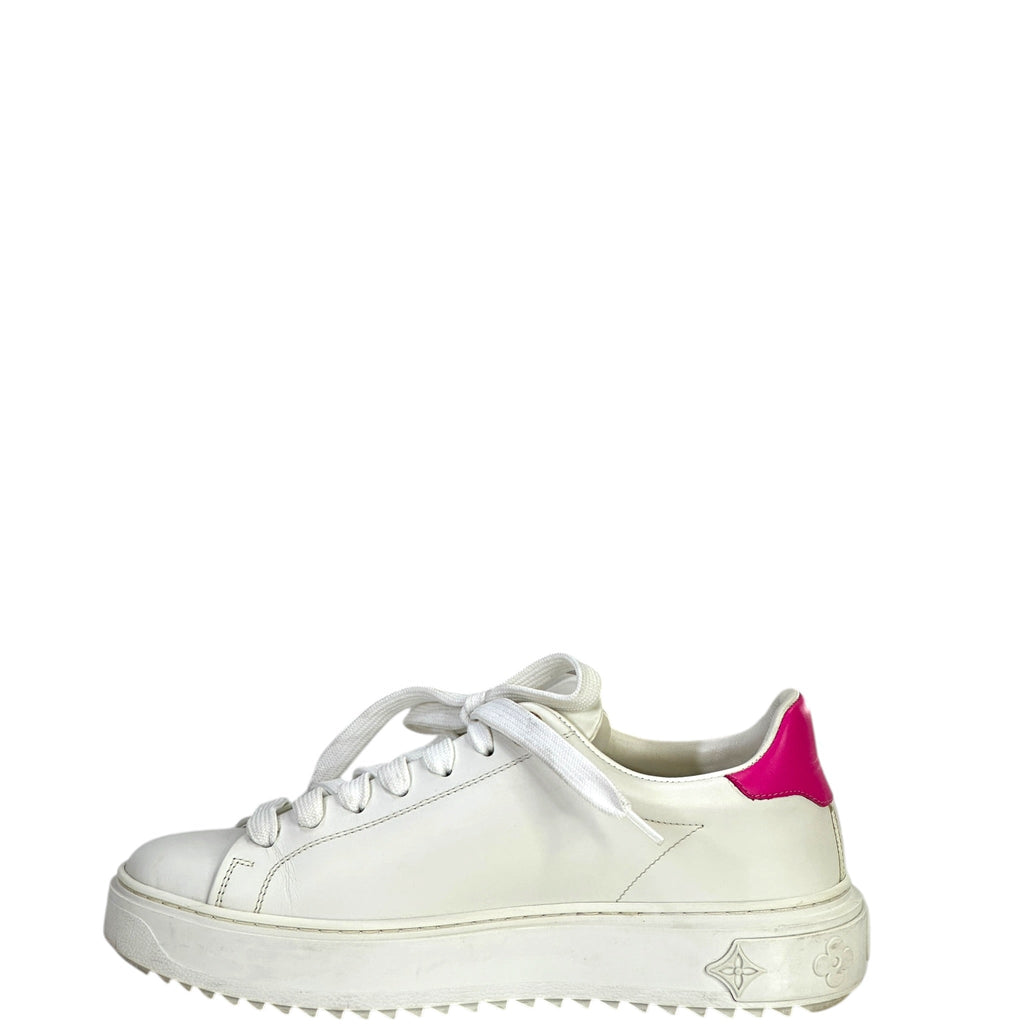 Louis Vuitton Time Out Sneakers White Calf Leather Fuchsia Pink Heel Size 37