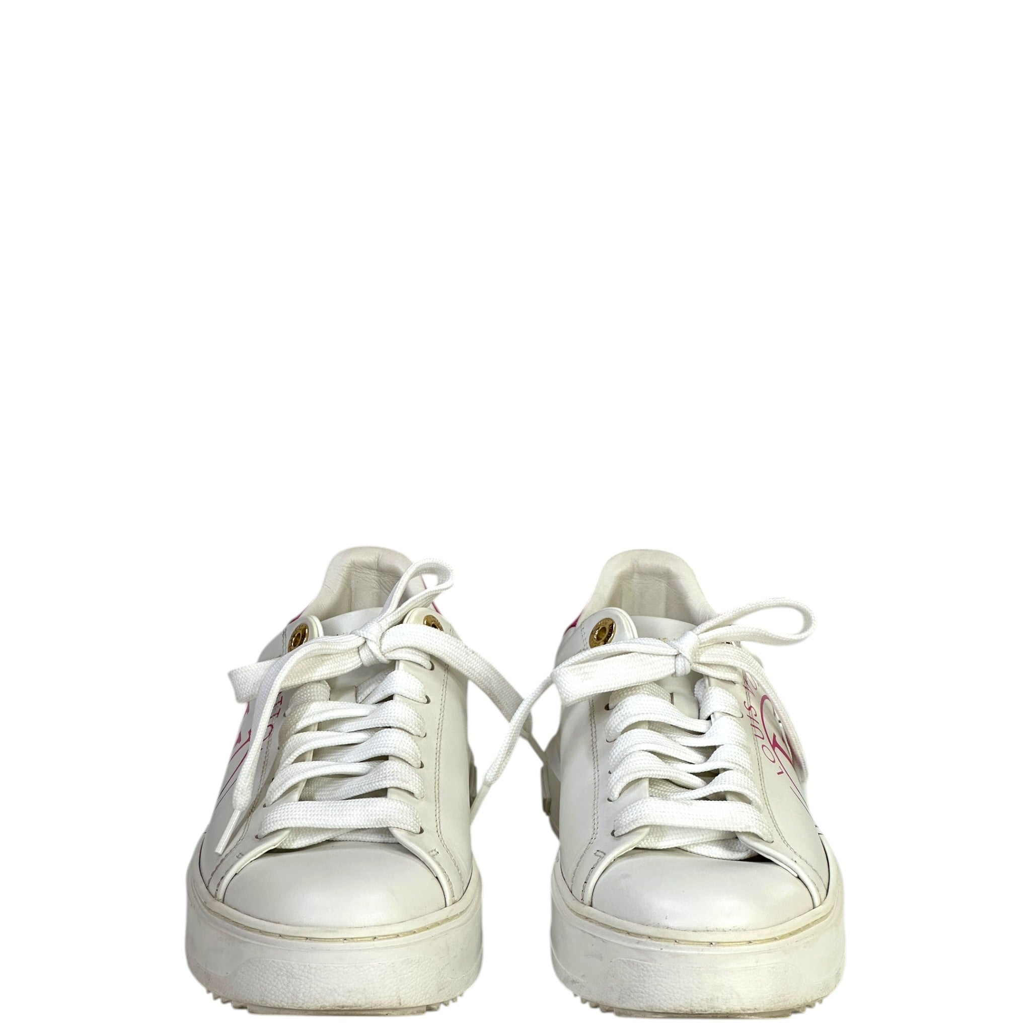 Louis Vuitton Time Out Sneakers White Calf Leather Fuchsia Pink Heel Size 37