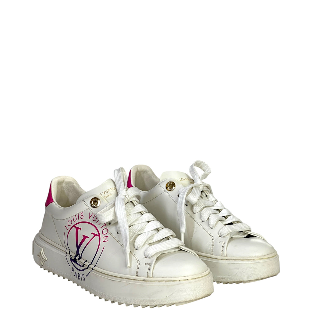Louis Vuitton Time Out Sneakers White Calf Leather Fuchsia Pink Heel Size 37